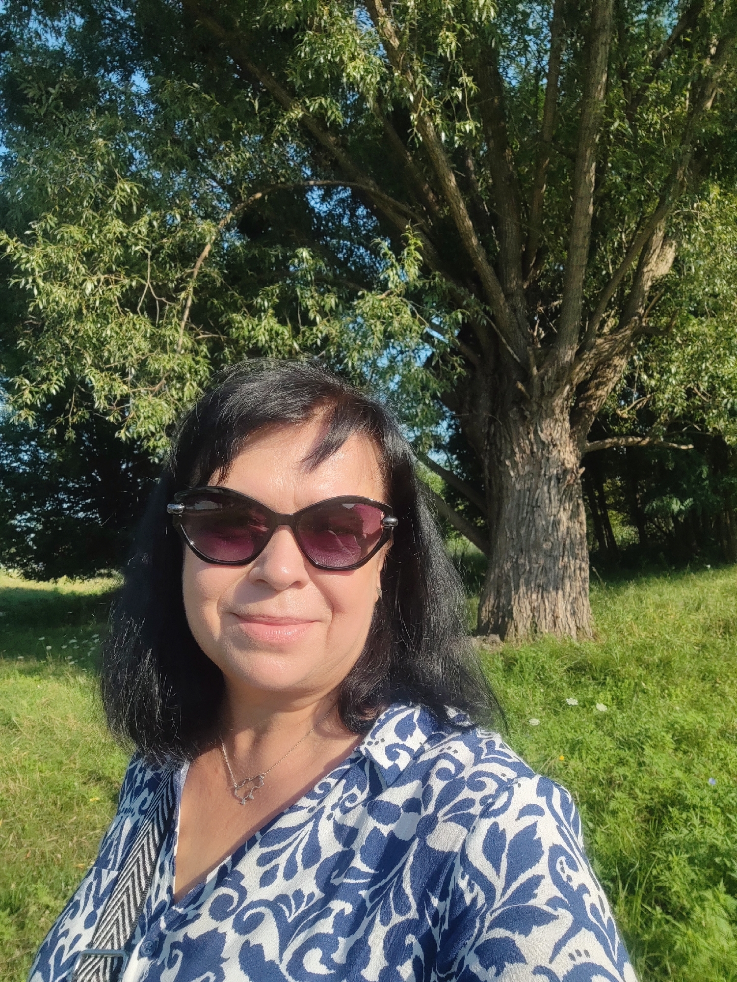 A medium shot captures a woman taking a selfie outdoors. She has dark hair and is wearing sunglasses, a blue and white patterned shirt, and a silver necklace. The background features a large tree and a grassy area. The lighting suggests it is daytime. The location is described as Unknown, Unknown.