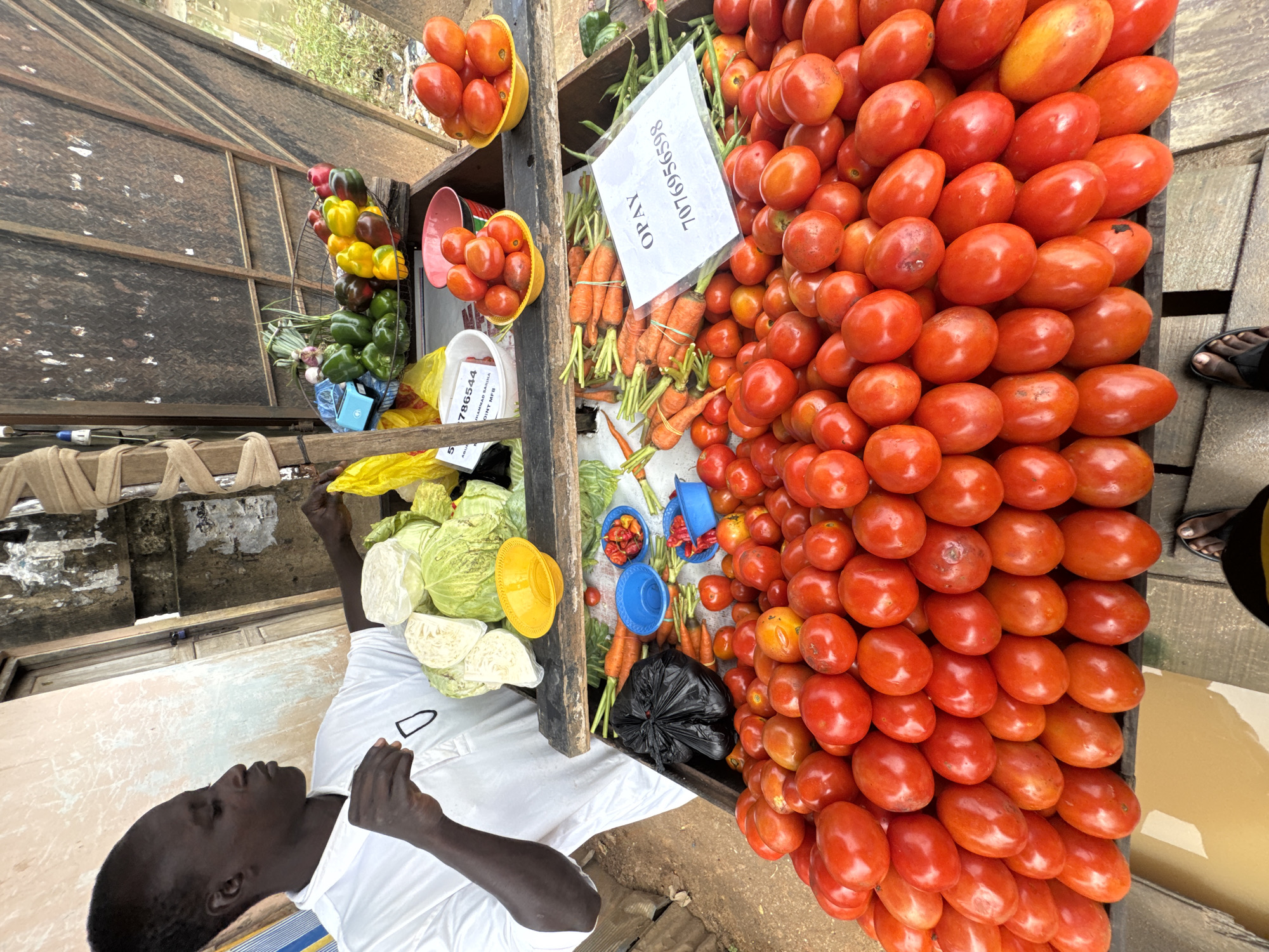 A young Black male, wearing a white polo shirt, stands behind a market stall in Ihiagwa, Nigeria, arranging produce. He is holding a yellow plastic bag in his right hand and looking down at a pile of cabbages. In front of him, a wooden market stall displays a variety of fresh vegetables, including a large pile of ripe red tomatoes in the foreground. Behind the tomatoes are bundles of carrots, small red chilies in blue bowls, and green beans. A basket filled with bell peppers in various colors sits on a shelf above the carrots. The stall is set up outdoors, with a rustic wooden structure and a textured wall in the background. The ground appears to be a dirt or sandy surface.