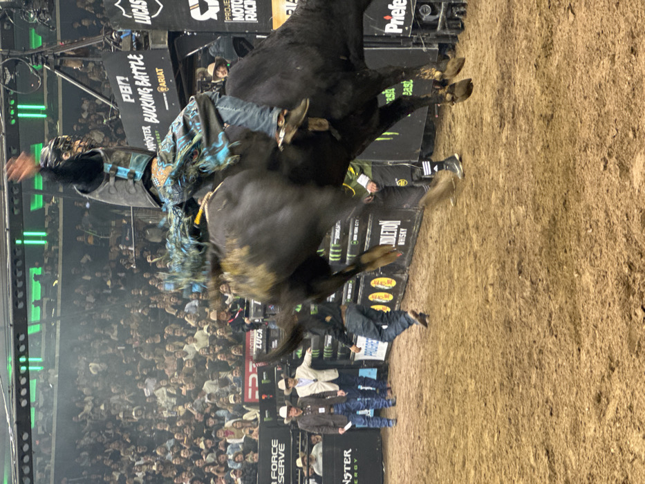 A bull rider wearing protective gear and an ornate vest is in mid-air while riding a black bull. The bull appears to be bucking forcefully. In the background, a large crowd watches from the stands, while sponsors' signs, including "MONSTER ENERGY" and "LUCAS OIL," surround the arena. The ground is covered in dirt. The scene conveys the intensity of a rodeo event.