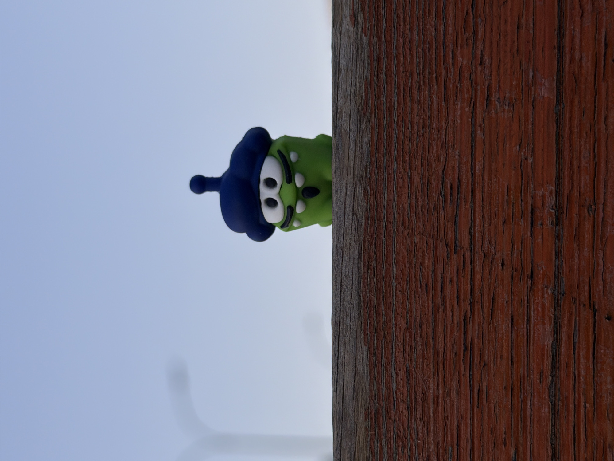 The image shows a green, alien-like figure wearing a blue hat, partially obscured behind a weathered, reddish-brown wooden post. The background is a pale blue sky. The scene is likely outdoors, and the focus is on the whimsical juxtaposition of the toy-like figure and the natural elements. There are no visible indications of the location being in Markovskii, Russia.