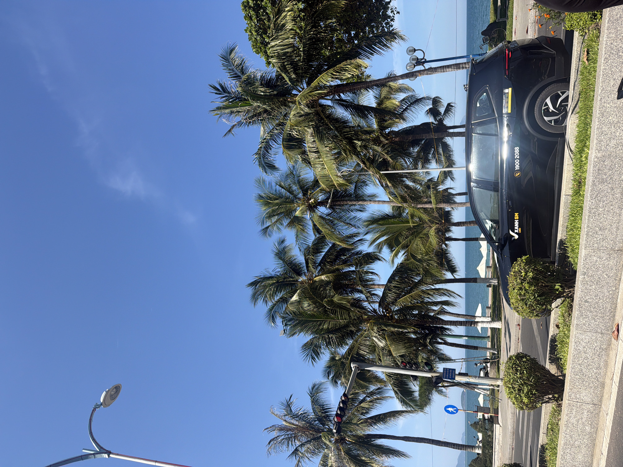 In Nha Trang Ward, Vietnam, a black SUV with "XANH SM" and "1900 2088" displayed on its side is parked on a street adjacent to a beach. The vehicle is positioned on the right side of the frame, partially obscuring the view of the ocean. Several palm trees line the street, with their fronds extending upwards towards a clear blue sky. A traffic light with red signals is visible on the left, situated amidst the palm trees. In the background, white umbrellas are set up on the sandy beach, and the ocean stretches towards the horizon. The scene is illuminated by bright sunlight, casting distinct shadows.