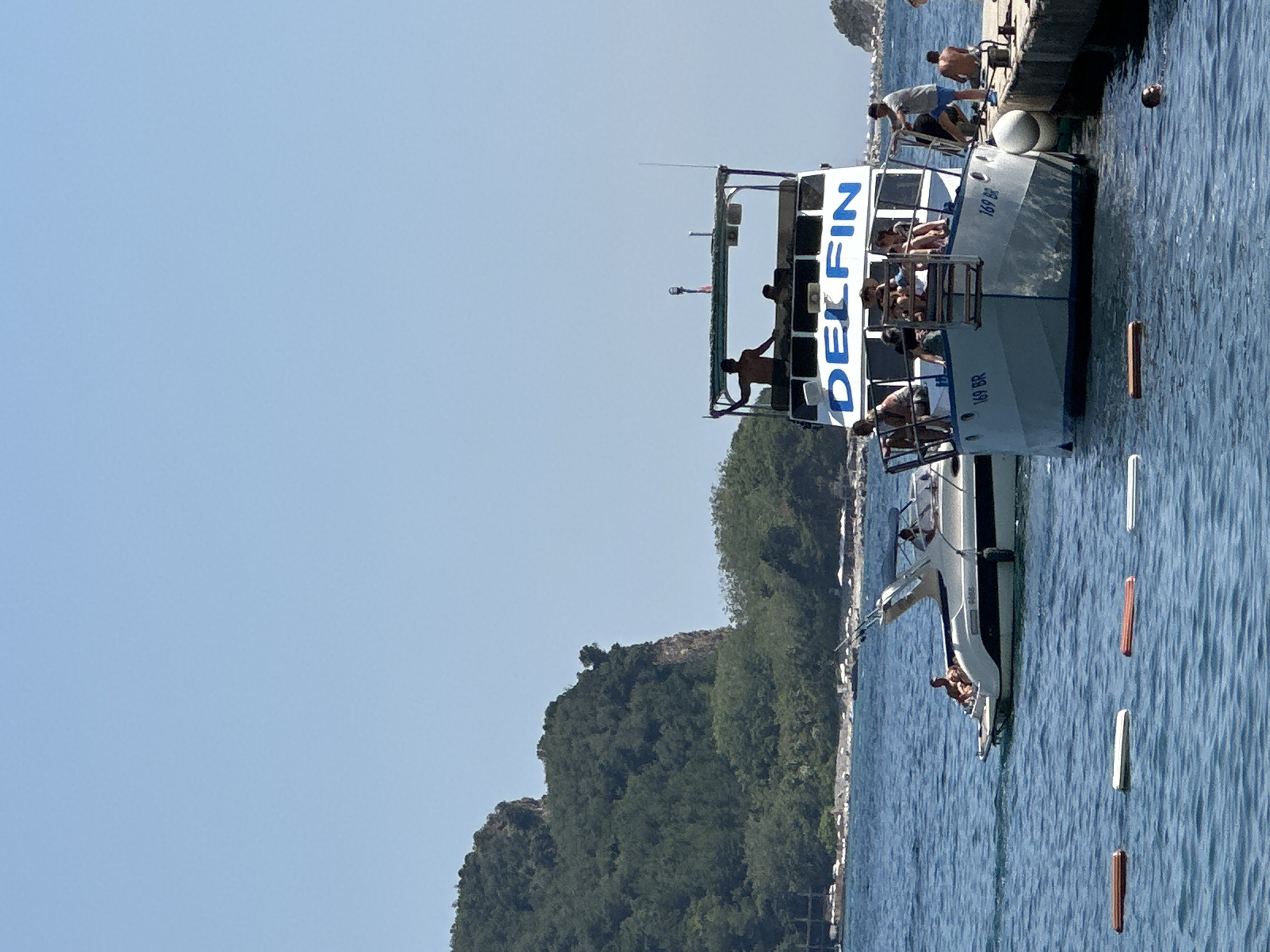 This image depicts a sunny day at a coastal location, likely Budva, Montenegro. The primary focus is a multi-level boat, named "DELFIN," docked alongside a pier. Several people are visible on the boat, some appearing to be passengers enjoying the ride or relaxing, while others may be crew members. The boat is white with blue lettering spelling out "DELFIN" prominently on its side. Additionally, the boat displays the registration number "169 BR" twice.
In the background, a lush, green, tree-covered hill rises from the coastline, suggesting a Mediterranean landscape. The water is a clear blue, with some gentle ripples indicating calm conditions. The sky is a bright, cloudless blue, consistent with a clear, sunny day, likely midday given the strong sunlight casting shadows.
Other objects present include the concrete pier, a large white spherical fender, and several buoys or markers floating in the water. A second, smaller white boat is partially visible in the foreground, connected to the pier. The overall scene conveys a leisurely atmosphere, possibly related to boat tours or recreational activities.