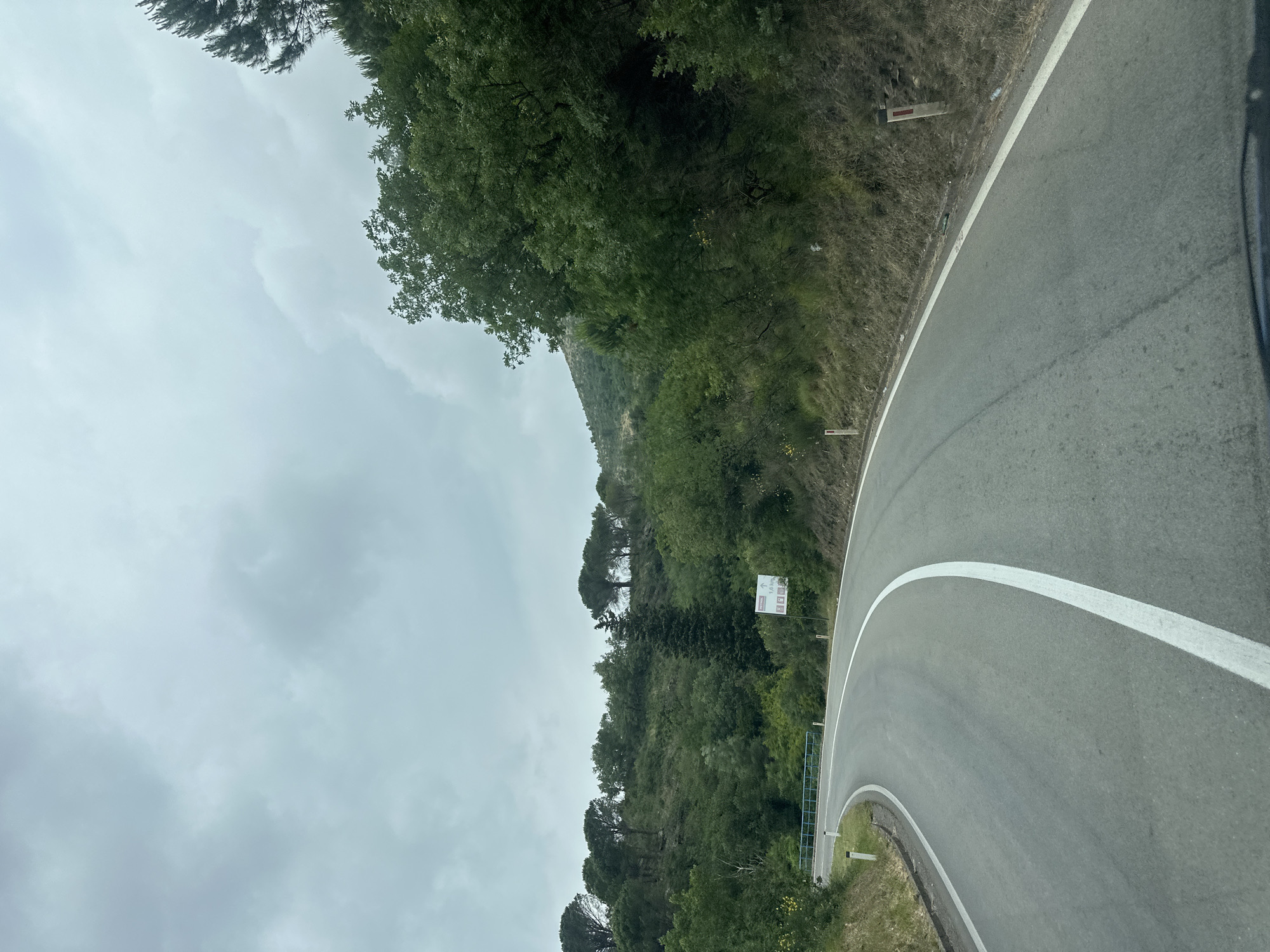 This media file captures a view from a vehicle driving on a winding asphalt road through a mountainous, forested landscape in Gornji Katun, Montenegro. The road curves sharply to the right in the foreground, with a solid white line marking its right edge and a broken white line further left. The asphalt appears grey, showing signs of wear and faint tire marks.
The scene is dominated by dense green foliage, with trees and shrubs covering steep hillsides on both sides of the road. The vegetation varies, including taller, possibly pine-like trees, and bushier deciduous trees. On the left side of the road, a blue metal guardrail is visible following the curve. Several small rectangular markers or posts are interspersed along the grassy shoulder.
A white road sign stands on the right side of the road. It features multiple lines of text and pictograms: an upward arrow followed by "1.6 km", then an arrow pointing slightly right with "10", another arrow pointing slightly right with "40", and a final arrow pointing right with "60". These likely indicate distances or directions to various points.
The sky is overcast with heavy grey clouds, suggesting a cloudy day, possibly indicating impending rain or just a heavily overcast period. The overall atmosphere appears peaceful and natural. There are no people visible in the image.