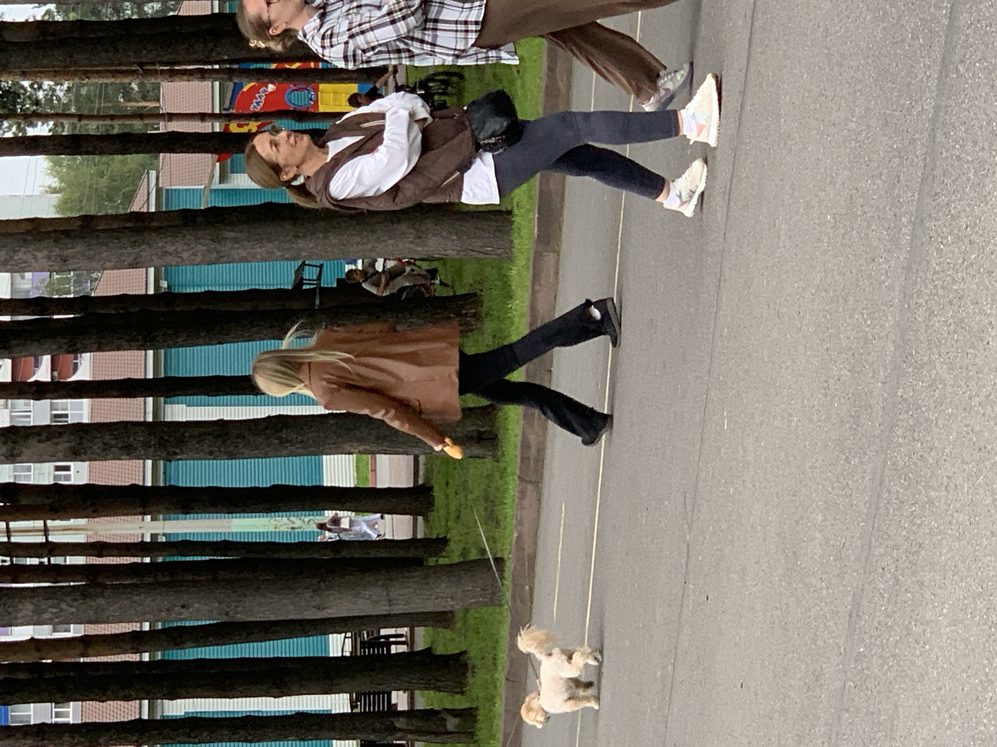 The image depicts a scene on a paved road bordered by a grassy area and a line of trees. In the foreground, a small, light-colored dog on a leash is walking to the left. Behind the dog, a woman with blonde hair, wearing a brown leather jacket and dark pants, is walking to the right. Further to the right, another woman with brown hair, wearing glasses, a white shirt, and a brown vest, is also walking to the right. A third person, partially visible, is walking to the right in a plaid shirt and brown pants. In the background, there are buildings with teal and white exteriors, as well as other people and a playground structure. The environment appears to be an outdoor public space, possibly a park or a street adjacent to a residential area. The overall atmosphere is casual and suggests a typical day in a city. The city of Prokopyevsk, Russia, is not explicitly identified in the image, but the presence of various architectural styles and the overall urban setting are consistent with a Russian city.