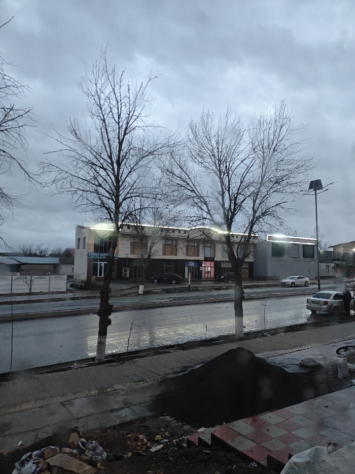 The image depicts a street scene in Gallaaral, Uzbekistan, under an overcast, gray sky, suggesting subdued daylight conditions. The asphalt road appears wet, reflecting ambient light, indicative of recent precipitation.
In the immediate foreground, to the right, a dark, conical pile of aggregate material (likely sand or gravel) rests on a patch of exposed dirt. Adjacent to this, a section of red and gray patterned tiled steps is visible. Scattered debris, including plastic bags and fragments of construction materials, litters the ground near the aggregate pile.
Two leafless deciduous trees with slender, dark branches stand in the mid-ground, partially obstructing the view of the street and buildings beyond. The lower trunks of these trees are painted white.
On the right side of the wet road, a white Chevrolet sedan (consistent with models like Cobalt or Nexia, common in Uzbekistan) is parked with its trunk open. A solitary individual, dressed in a dark jacket, is observed leaning into the open trunk of this vehicle. Further down the road, another white sedan is visible, traveling away from the viewer. A tall, black street light pole with a solar panel mounted at its apex stands on the far right side of the street.
Across the street, a two-story commercial building with a light-colored facade and multiple dark-framed windows is prominent. The building features linear white LED strip lighting along its roofline, which is illuminated. A sign on the leftmost section of this building displays the text "FILMAT SERVISE". Several dark-colored sedans are parked on the street in front of this commercial establishment. In the distant background, to the left, a sequence of single-story structures, some with visible fencing, is present.