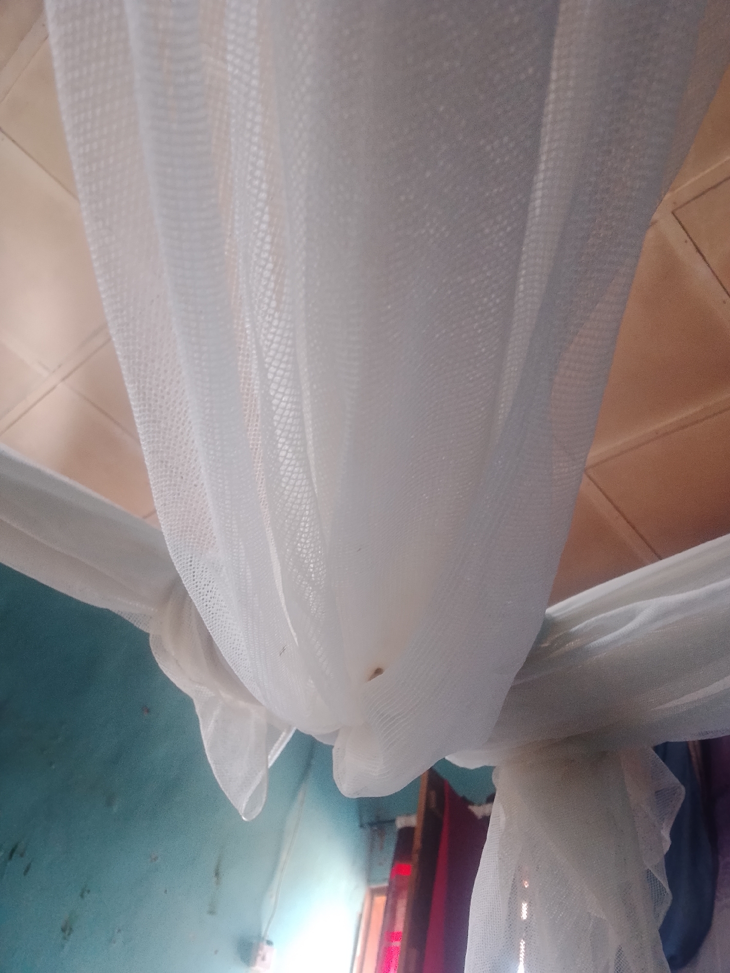 A white mosquito net is draped from the ceiling, obscuring much of the view of a room. The net has a fine mesh pattern and is gathered in folds, creating shadows and highlights. Through the net, a tiled ceiling is visible in the upper right quadrant, with tiles appearing to be a light brown or beige color. The walls of the room are a teal or light blue color and appear to be textured or slightly dirty, with some small dark spots visible. In the lower right corner, hints of objects are visible, possibly clothing or curtains, in dark red and blue colors. A light source, likely a window, is casting a bright glow from the right side of the image, behind the net. There are no people or animals visible in the image.
