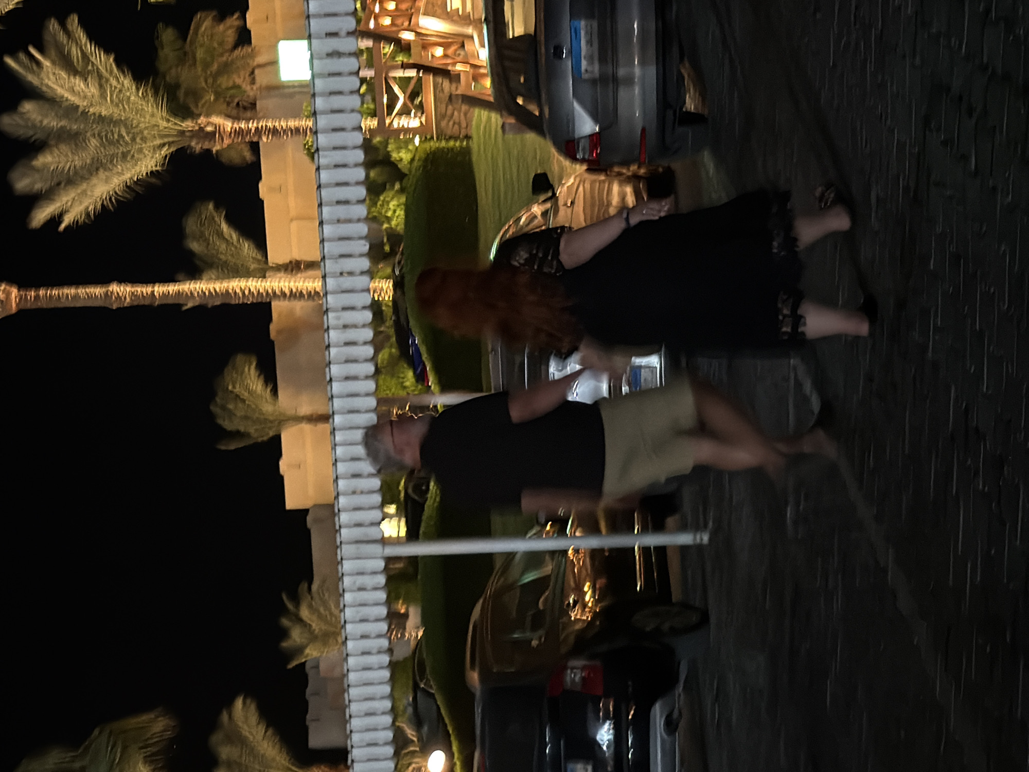 A man and a woman are walking hand-in-hand at night in Sharm El Sheikh, Egypt, on a paved surface. The man, on the left, is wearing a black t-shirt and khaki shorts. The woman, on the right, is wearing a black lace-trimmed dress. They are walking away from the camera, towards the right side of the frame. In the background, palm trees are visible, illuminated by artificial lighting, and a building with cream-colored walls. Several cars are parked or driving in the scene, including a black SUV on the left and a silver sedan on the right.