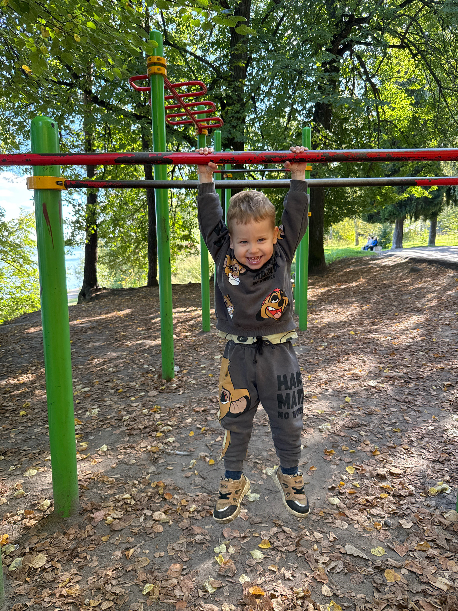 A young boy with blond hair and a wide smile is hanging from a horizontal bar on an outdoor playground. He is wearing a grey sweatshirt with images of Simba from The Lion King and grey sweatpants with a similar design and text that reads "HAK MAT NO WORRIES". His feet are clad in brown and black sneakers. The playground equipment consists of green poles and red horizontal bars with yellow fixtures. The ground beneath the equipment is covered in fallen brown and yellow leaves. Behind the boy, trees with green foliage are visible, suggesting an autumn setting. In the background, a body of water can be seen to the left, and a paved path with two people sitting on a bench is visible to the right. The scene is lit by natural sunlight, creating shadows on the ground. The location is identified as the city of Rusanovo, Russia.