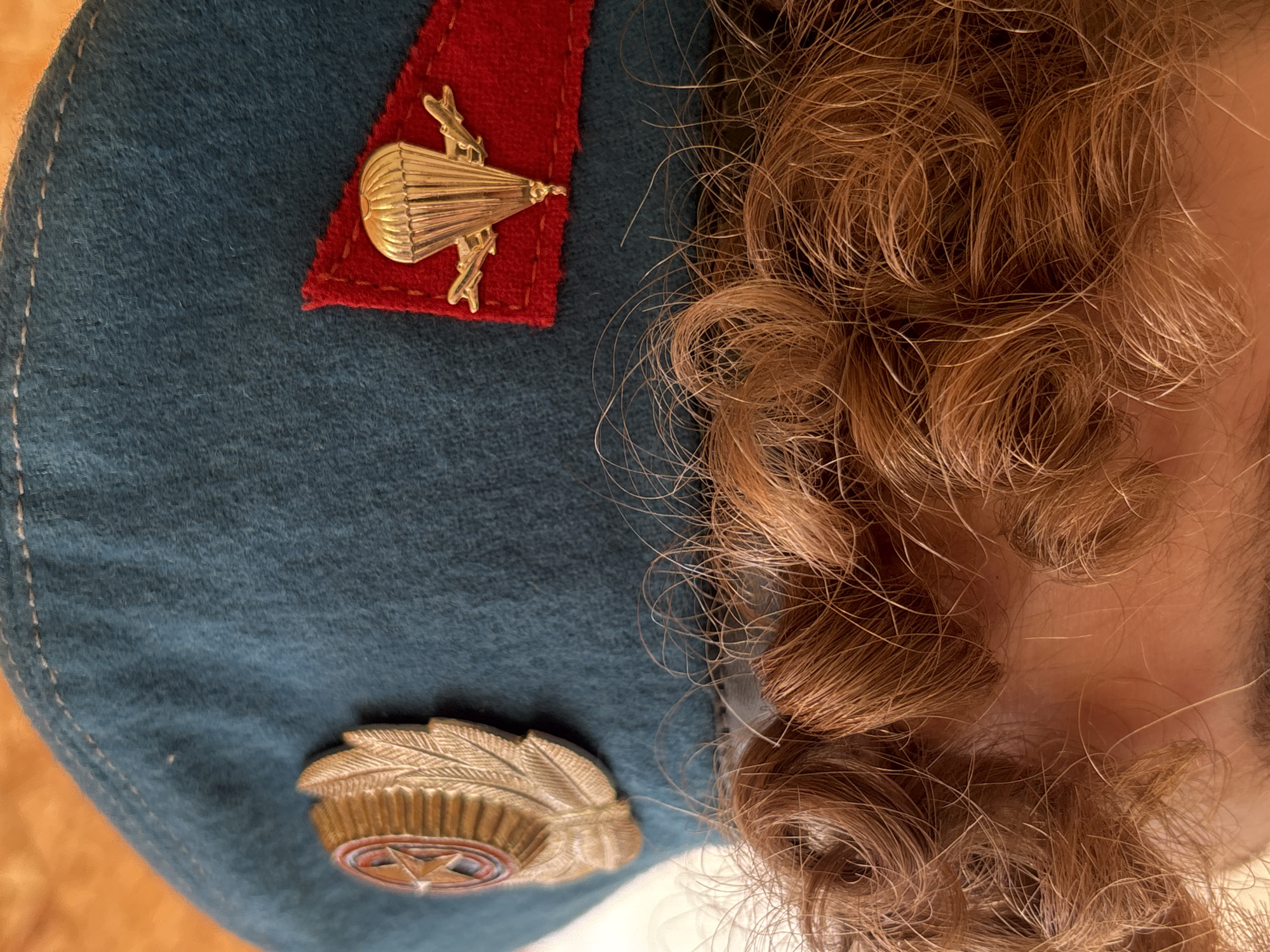 The image shows a close-up of a blue military cap with a red patch displaying a gold-colored parachute insignia. Another emblem depicting a feather-like design with a star is present. Adjacent to the cap, there is a portion of a person's head, specifically their curly brown hair and some skin. The context of the location in the city of Prikamskii, Russia, is not discernible from the image.
