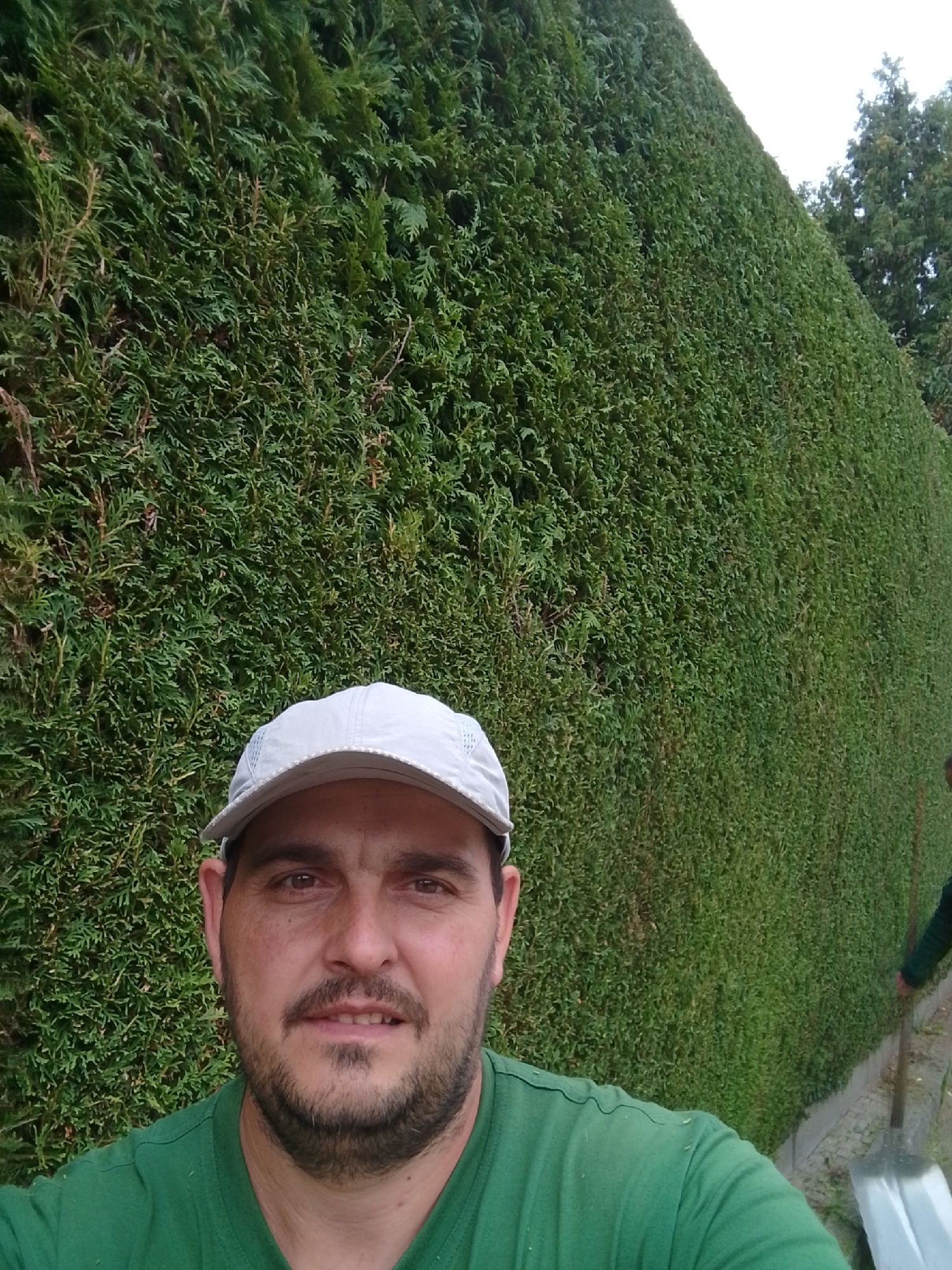 This is a medium shot, eye-level selfie of a man wearing a green t-shirt and a white baseball cap, standing in front of a tall, dense green hedge. The man has dark hair, brown eyes, and a beard. His facial expression is neutral. To the right of the man, partially visible, is another person in a dark top, holding a shovel. The hedge appears to be a property boundary or part of a garden landscaping, possibly in the city of Wedel, Germany, given the context of the query. The lighting suggests it is daytime, with overcast sky.