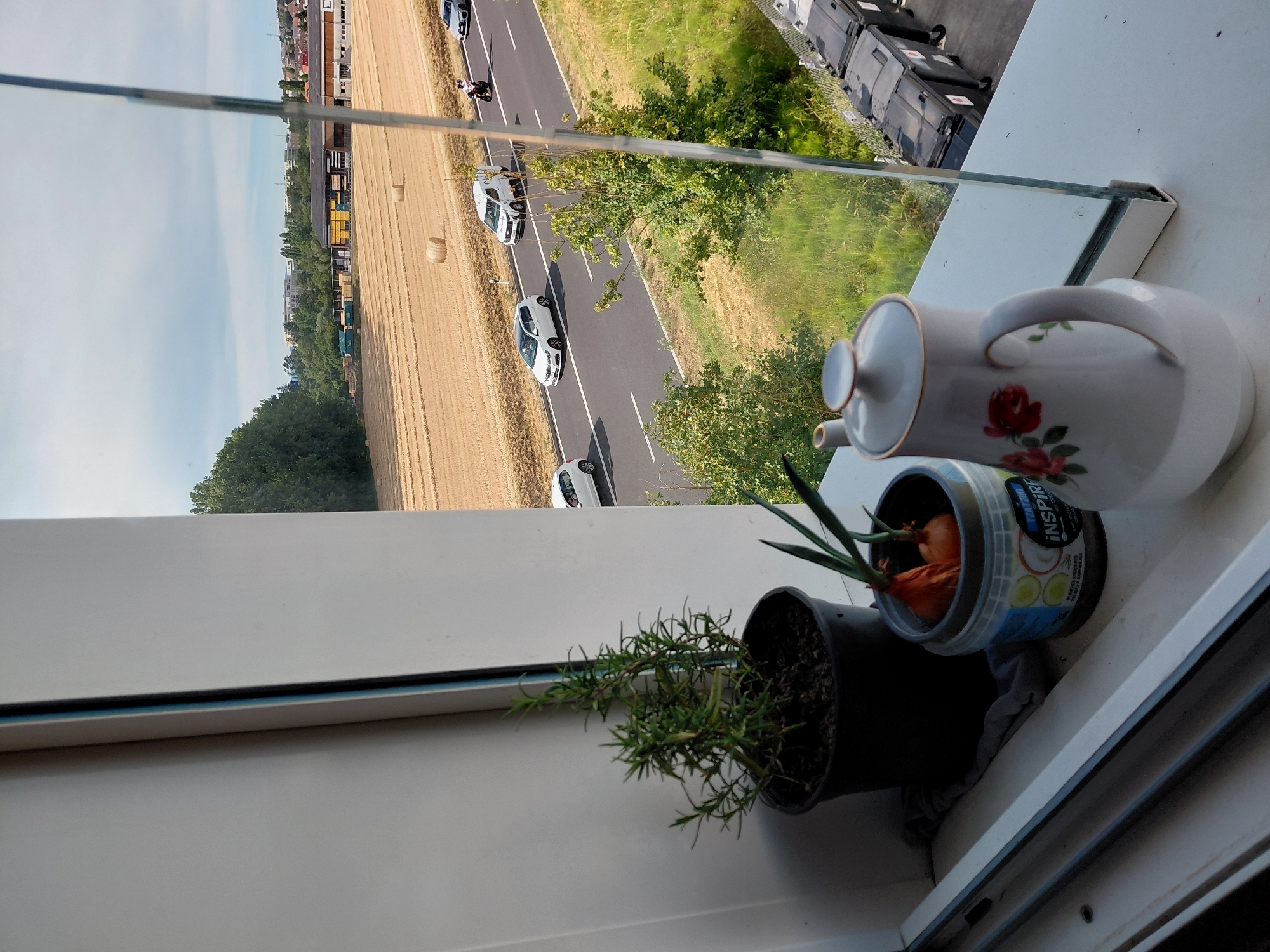 This is a photograph taken from a window in Ecublens, Switzerland, looking out over a rural landscape with a highway. In the foreground, on a windowsill, are several objects: a potted rosemary plant in a black container, a plastic tub containing two onions with green sprouts, and a white teapot decorated with red roses. To the right of the objects on the windowsill, a tall pane of glass reflects the scene. Outside the window, a two-lane highway runs horizontally across the frame. Several vehicles are visible on the highway, including two white cars, a white van, and a motorcycle. Beyond the highway, a large field of harvested wheat, with round hay bales, stretches into the distance. Further in the background, trees line the field, and buildings, including what appears to be an industrial or agricultural structure, are visible on a slight incline. The sky is overcast with scattered clouds. Several large, dark-colored trash bins are lined up along a fence in the lower right portion of the image, adjacent to the highway.