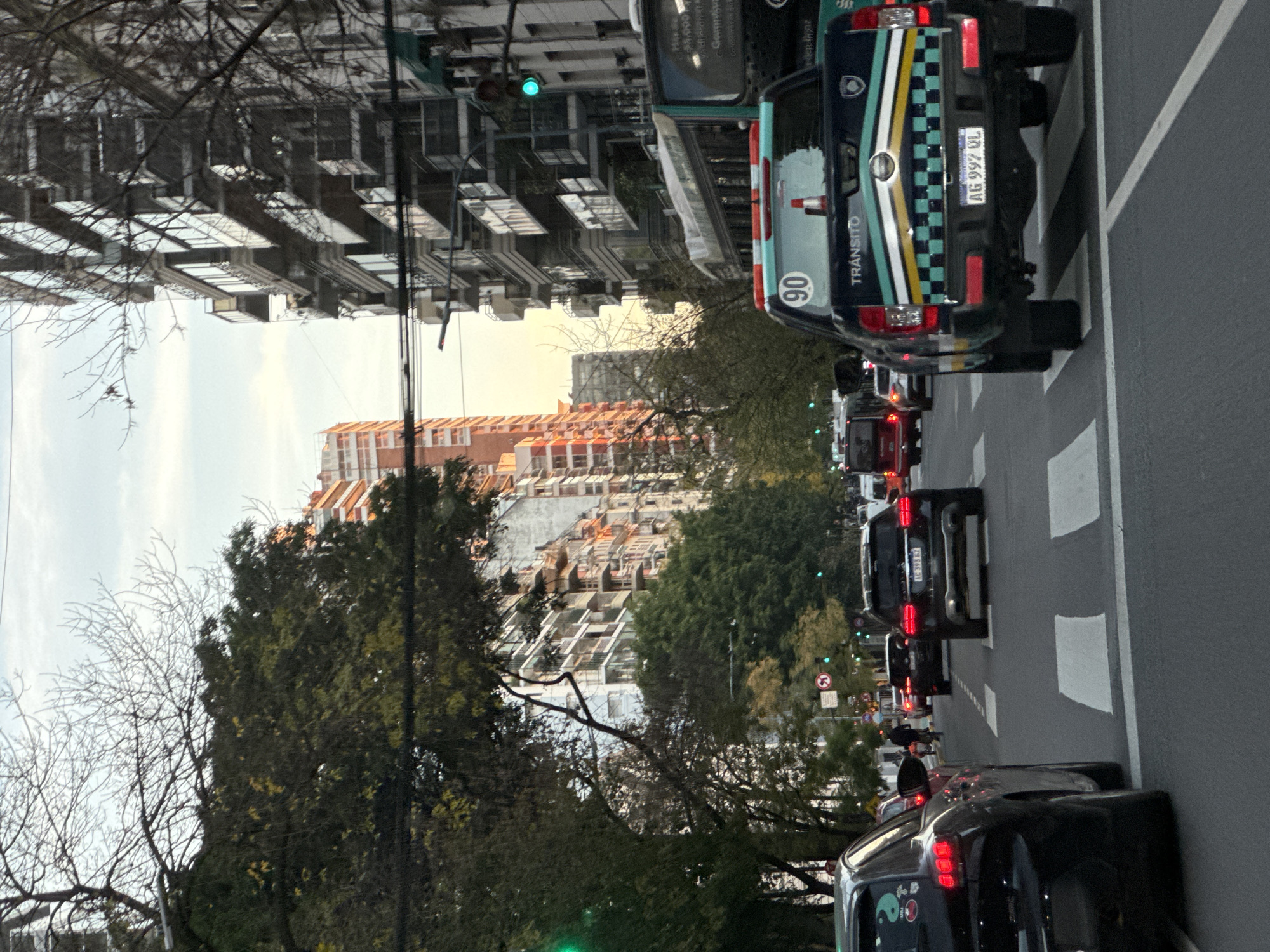 The image captures a street scene in Buenos Aires, Argentina. A line of cars is visible on the right side of the frame, with a "Tránsito" vehicle near the front of the line. The vehicle has a checkered pattern and the number "90" on its back. The license plate of the vehicle is "AG 992 QL". On the left side of the frame, buildings are visible, with trees lining the street between the road and the buildings. The sky is light, with some clouds visible in the background.