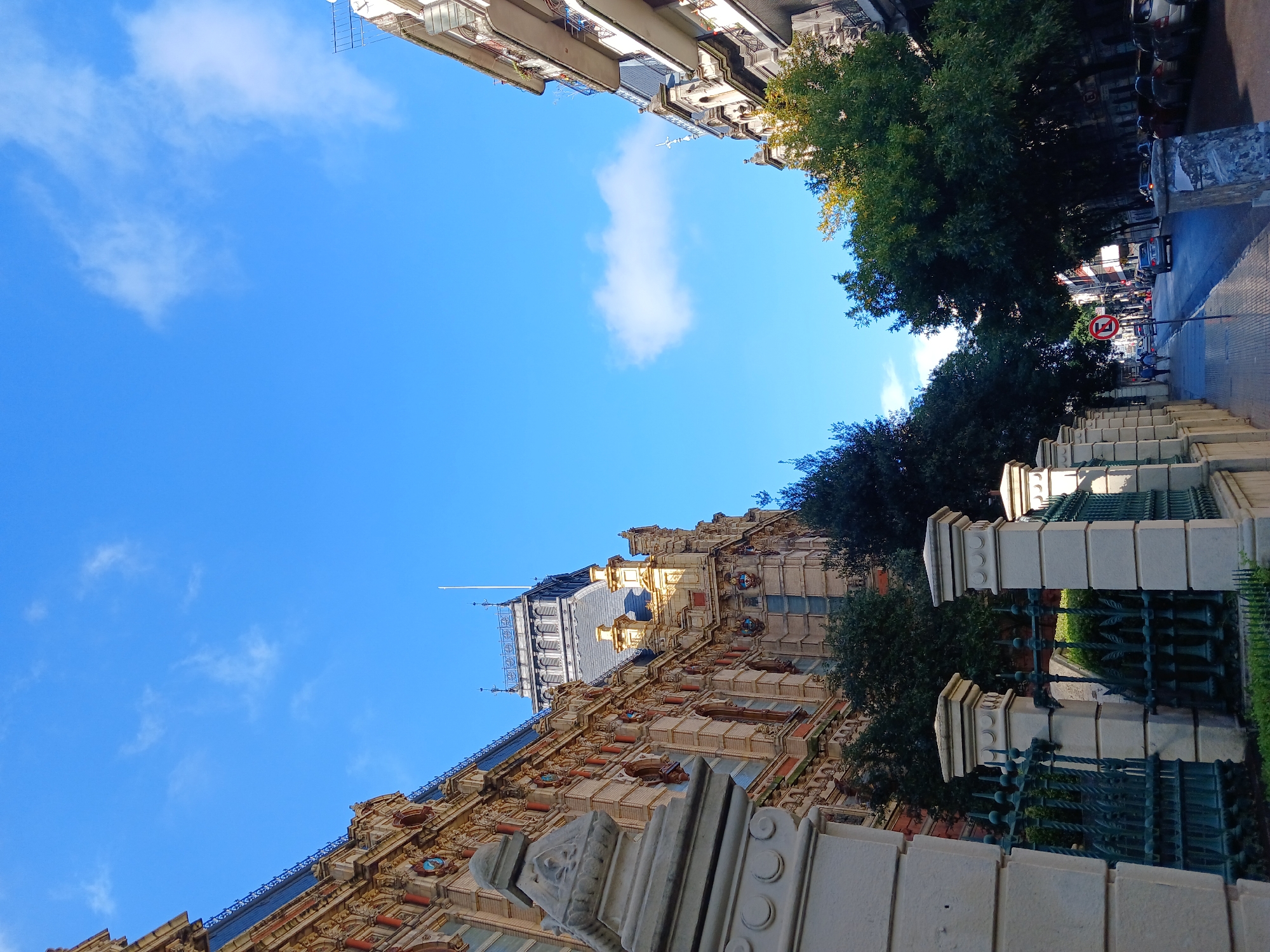 The image captures a vibrant urban scene looking upwards towards a bright blue sky. The sky, predominantly clear with a few sparse white clouds, fills the upper left and central portions of the frame, indicating fair weather.
On the right side, a magnificent, multi-storied building dominates, showcasing elaborate classical architecture. Its facade is adorned with intricate carvings, decorative balconies, and varied window designs, rendered in cream, brown, and possibly red tones. The building is topped with a distinctive dark gray mansard roof, featuring dormer windows and a prominent flagpole or spire. A sturdy green metal fence with substantial stone pillars stands in the lower right foreground, separating the viewer from the building's immediate grounds.
To the left of this grand edifice, a line of dense, green trees provides a natural contrast, suggesting a tree-lined street or parkway. Further left, a glimpse of a street is visible, with parked cars and more conventional urban buildings featuring balconies. A red circular traffic sign, displaying a diagonal line through the letter "E," is visible, which typically denotes "No Parking" (Estacionamiento Prohibido) in Spanish-speaking countries.
The scene is brightly lit by natural daylight, suggesting it is midday or early afternoon. The ornate architecture, coupled with the specific traffic sign, aligns with the provided location context of Buenos Aires, Argentina. The overall impression is one of a grand and bustling urban environment under a clear sky.