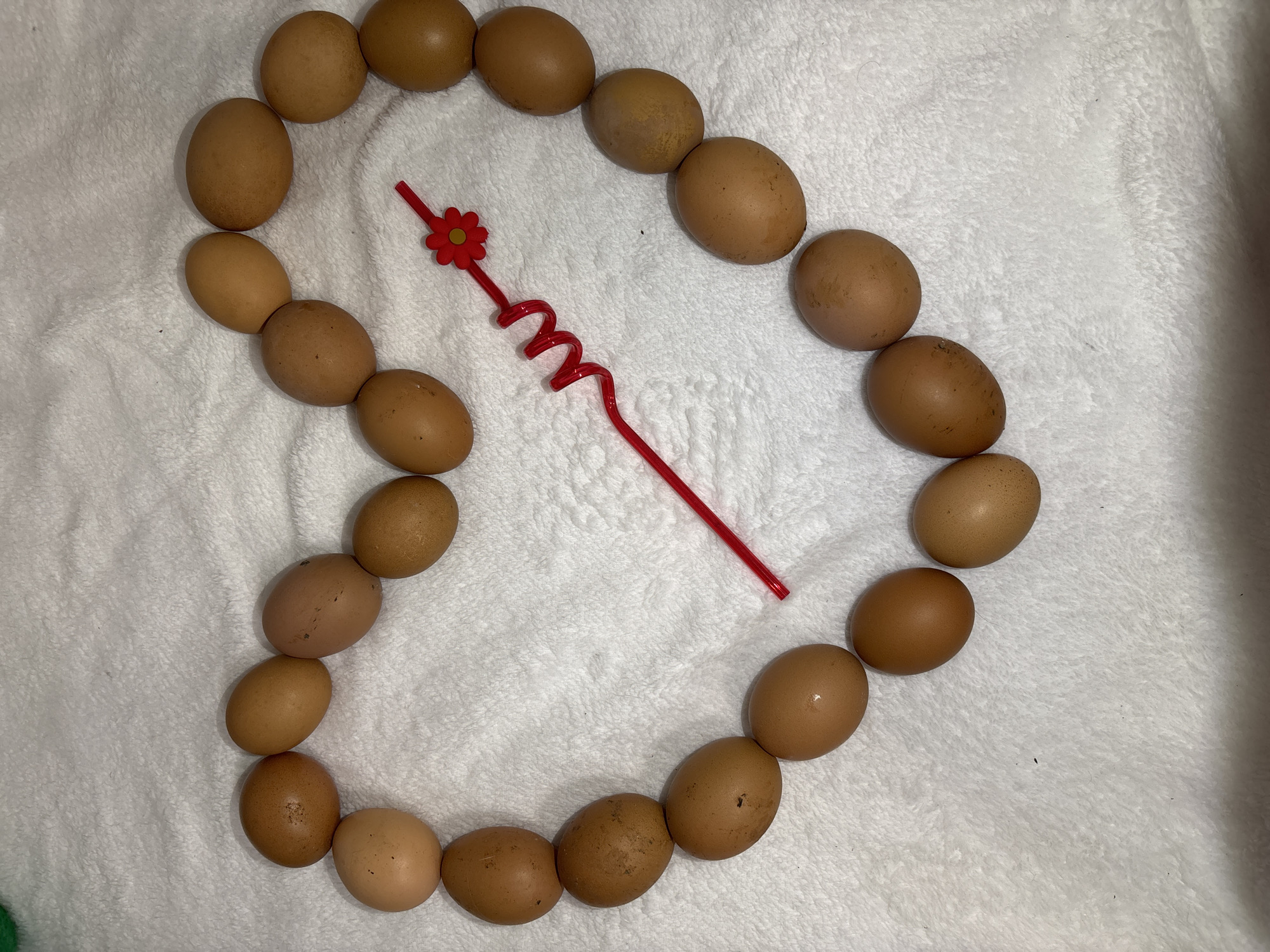 The image depicts a heart shape formed by twenty-two brown eggs arranged on a white, fluffy, textured surface. A red plastic straw with a flower-shaped decoration sits in the center of the egg heart. The environment appears to be indoors, with the eggs and straw resting on a soft material, possibly a blanket or towel. There are no people visible in the image. There is no information to indicate that the location of this image is Izhevsk, Russia.