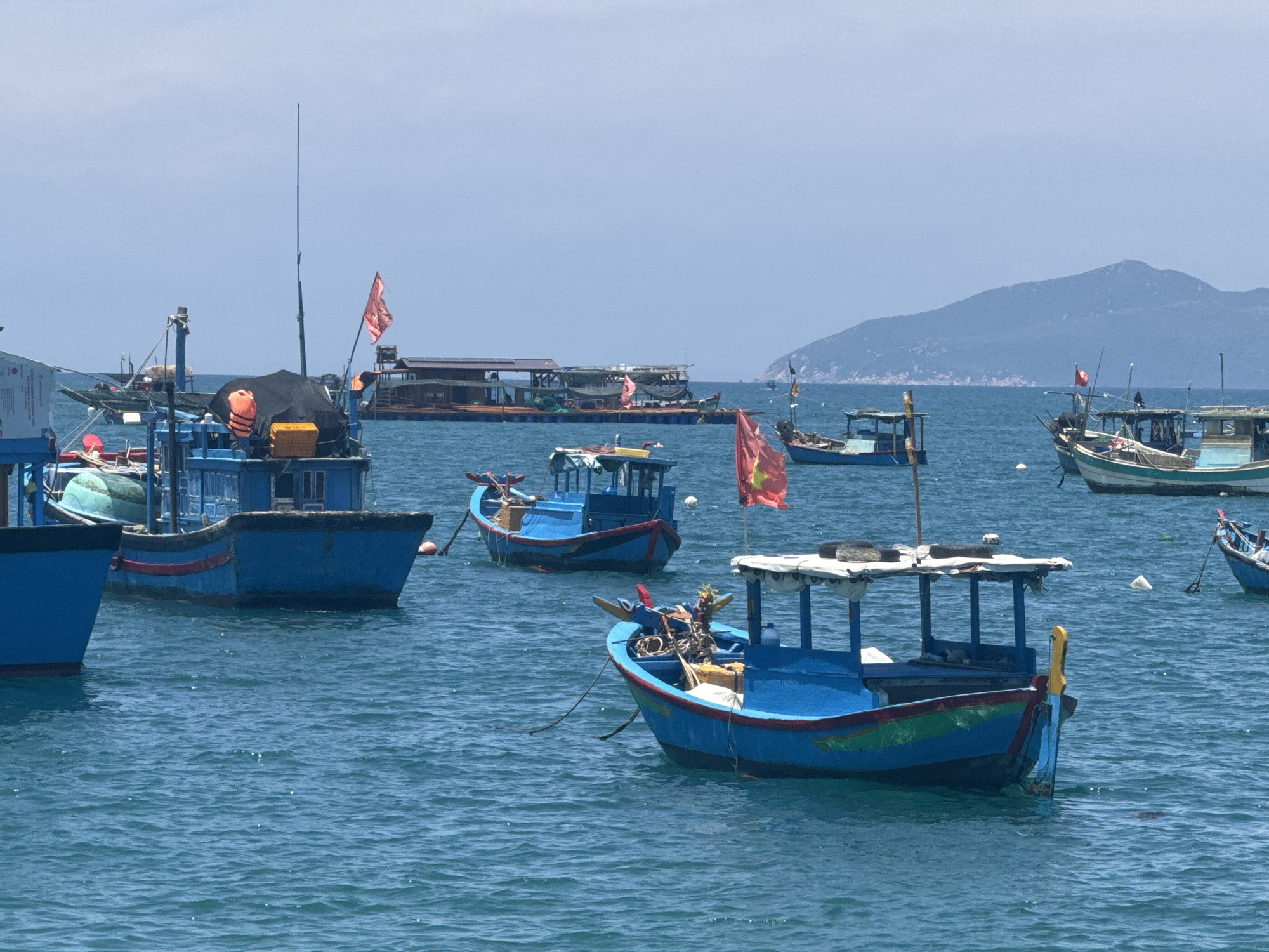 This is an eye-level, wide shot of several blue fishing boats floating on the ocean under a clear sky. The boats are of various sizes and are positioned at different distances from the viewer. Some boats have Vietnamese flags. In the background, there is a larger, darker boat or platform, and a hazy, mountainous landmass on the horizon. The water is a deep blue and appears choppy with small waves. The overall scene depicts a harbor or a bay area with fishing vessels.