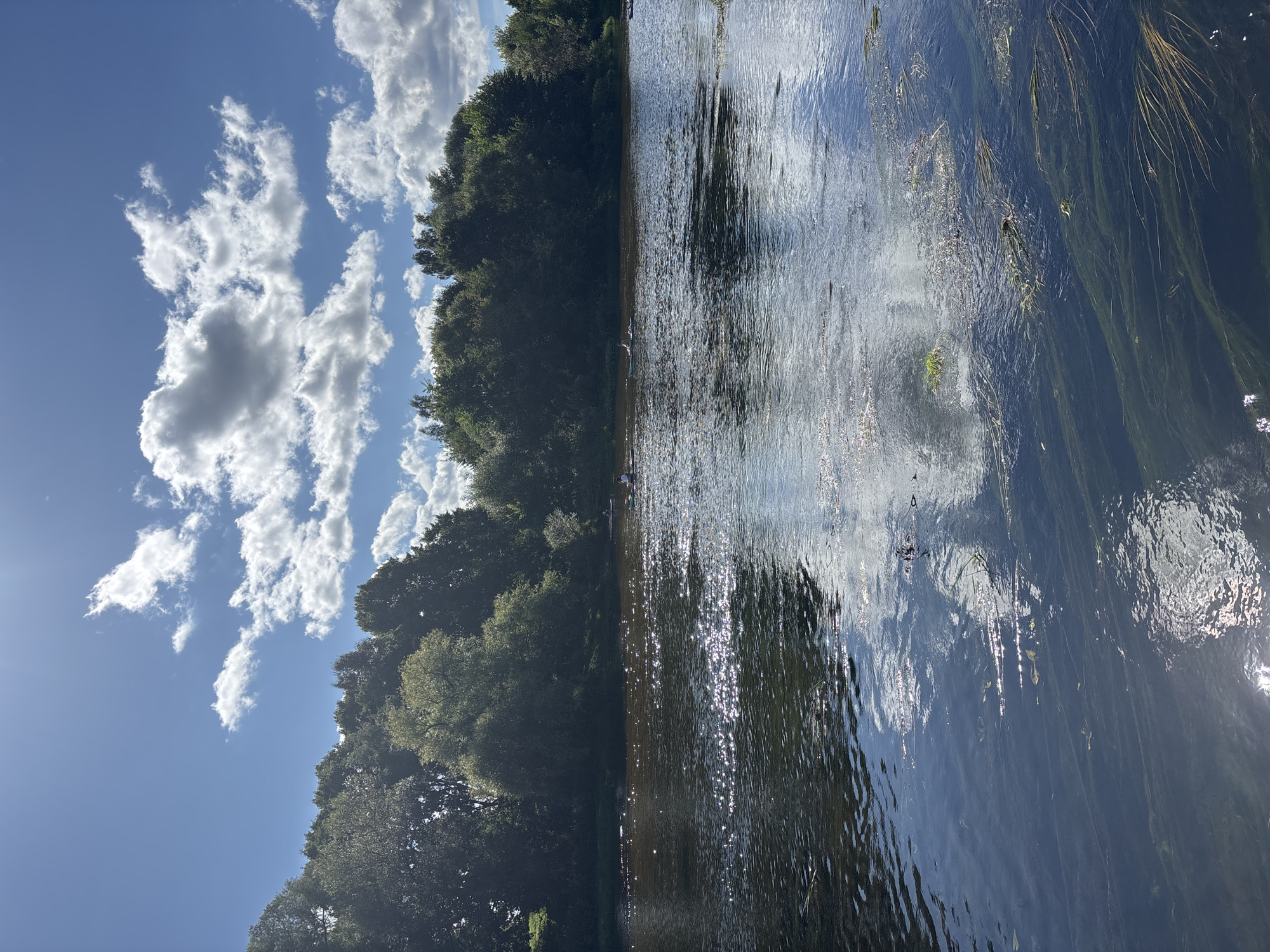 The image depicts a sun-drenched river scene, likely the Moskva River in Zvenigorod, Russia, during daylight hours. Lush green trees line the far bank, creating a dense backdrop. The sky is a vibrant blue, punctuated by fluffy white cumulus clouds and the bright glare of the sun. The river itself is dark and reflective, with sunlight glinting off its surface. Submerged aquatic plants are visible beneath the clear water. Several individuals are engaged in activities on the river. In the middle ground, two people are in a small, dark-colored boat, possibly fishing or paddling. Further to the right, a person is seen on what appears to be a paddleboard or a similar watercraft. The overall atmosphere is one of a peaceful, recreational day outdoors.