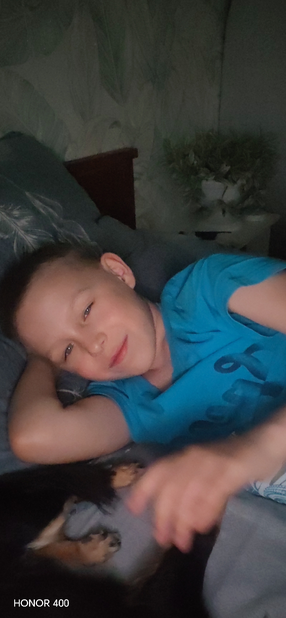 A boy is lying on a bed, next to a small dog. The bed has blue bedding. The boy is wearing a blue t-shirt and has short, light-colored hair. Behind the bed is a dark wooden nightstand and a plant on top of it. The wallpaper has a light green pattern. The lower left corner of the image contains the text "HONOR 400". The image was taken indoors. It is not possible to determine if the image was taken in the city of Noviy, Russia.