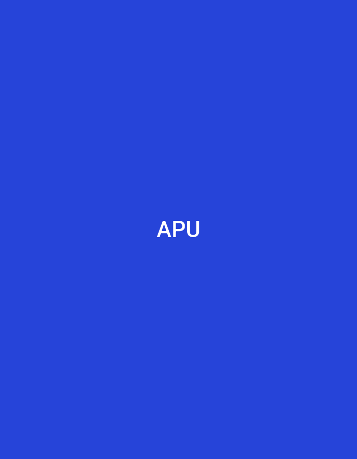 The image displays a solid, uniform royal blue background. Centered on this background, the white capital letters "APU" are rendered in a sans-serif typeface. There are no other visual elements, people, objects, or environmental details present in the image that would indicate a specific geographic location such as Casablanca, Morocco, or any other city. The scene is devoid of any discernable actions or interactions.