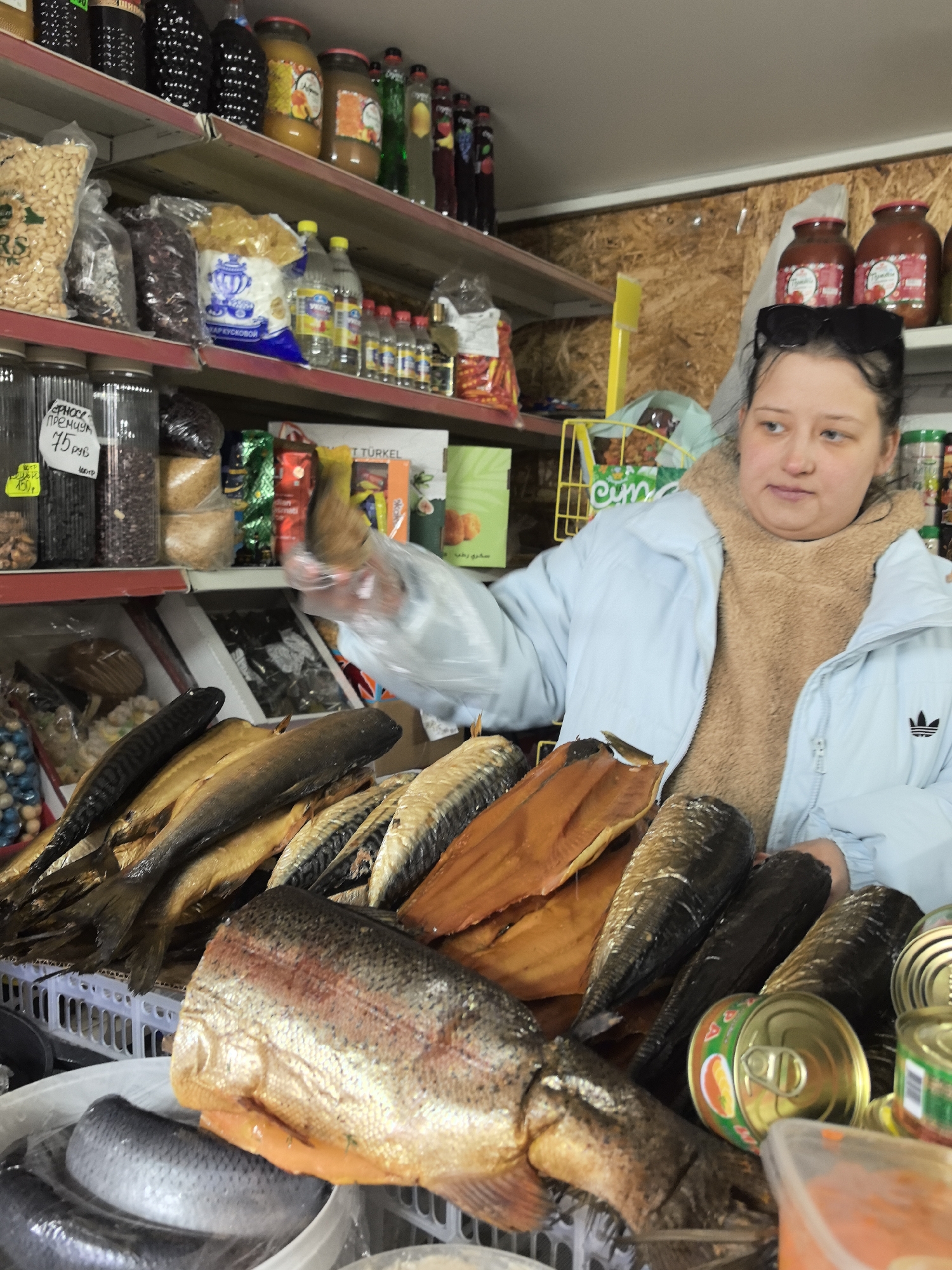 This image captures an indoor market stall or small grocery store, likely located in Noviy, Russia. The central subject is a woman, presumably a vendor or shop attendant, positioned behind a large display of fish. She wears a light blue puffer jacket with an Adidas logo over a tan, fuzzy top, and sunglasses rest on her head. With a neutral expression, she handles an item, possibly a piece of fish, with her right hand which is covered by a clear plastic bag.
The foreground and midground feature an extensive array of fresh and smoked fish, including whole golden-brown fish, darker fish, and possibly fillets, displayed in white plastic crates. Several cans of food products are also visible among the fish.
In the background, red-edged shelves are densely packed with various grocery items. These include bags of nuts (peanuts), dried goods, bottles of liquids (possibly oils or sauces), and large glass jars containing preserves such as fruit compotes or tomato products. Other packaged goods, boxes, and smaller bottles line the shelves. Visible text includes a price tag on a glass jar reading "75 руб" (75 rubles) and "400 гр" (400 grams), and the brand name "TÜRKEL" on a box. A blue bag with Cyrillic text is also present. The walls of the establishment are clad in light-colored wooden paneling.
The scene depicts a typical retail activity, with the woman attending to the merchandise in what appears to be a functional, local market setting.
