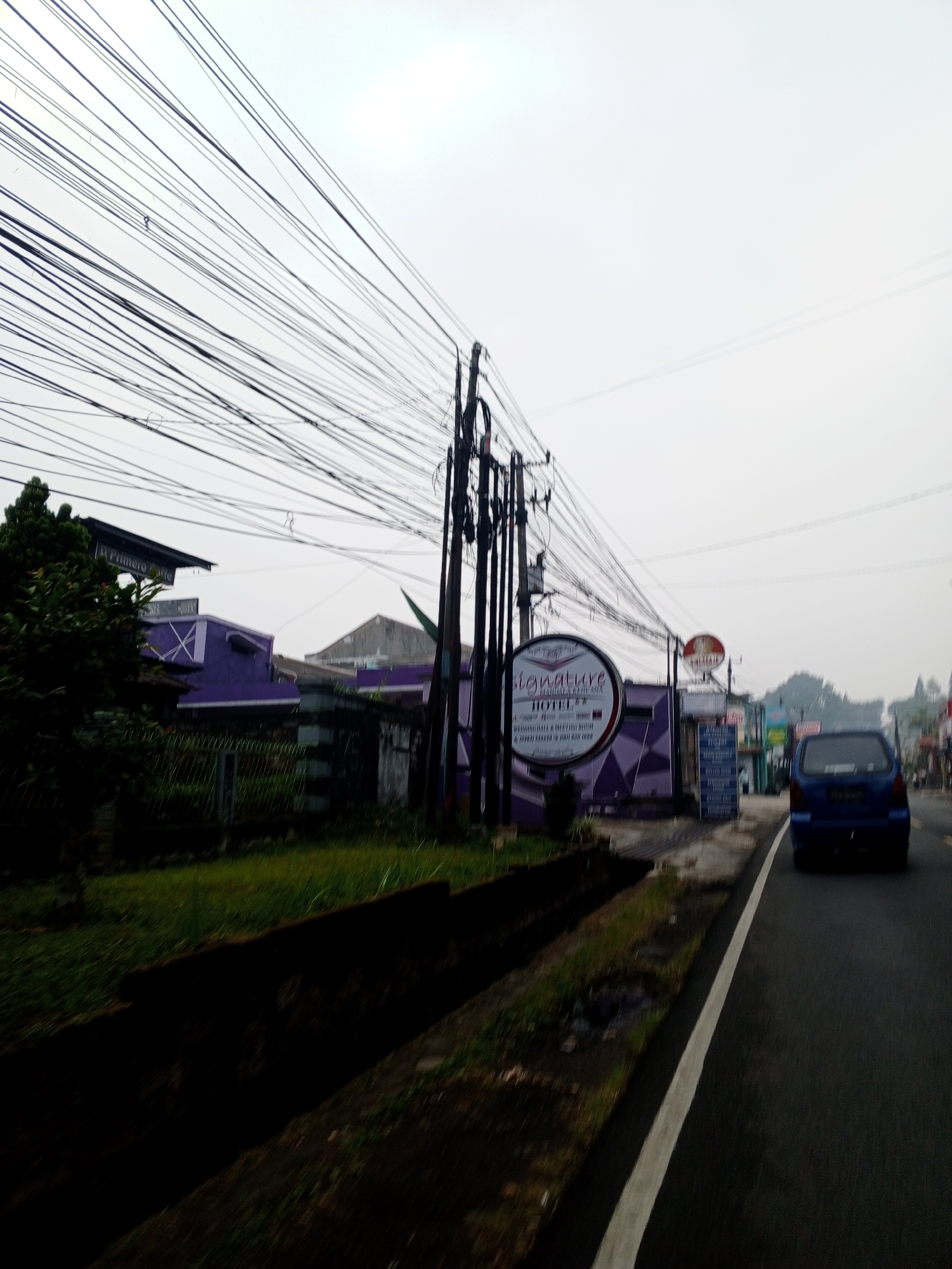 The image captures a street scene from a moving vehicle, likely on a road in the city of Dambulla, Sri Lanka. A dense network of power lines dominates the upper portion of the frame, stretching across a hazy sky. On the left side of the road, a vibrant purple building with geometric accents is visible, identified by a circular sign that reads "Signature Hotel". Adjacent to this building, a dark green tree adds a touch of foliage. Further down the road, a blue hatchback car is driving away from the camera. The road itself is asphalt with a white line marking its edge. A narrow, dark ditch runs along the side of the road, filled with grass and debris. The overall atmosphere suggests a somewhat overcast day in a built-up area, possibly with some commercial establishments lining the street.