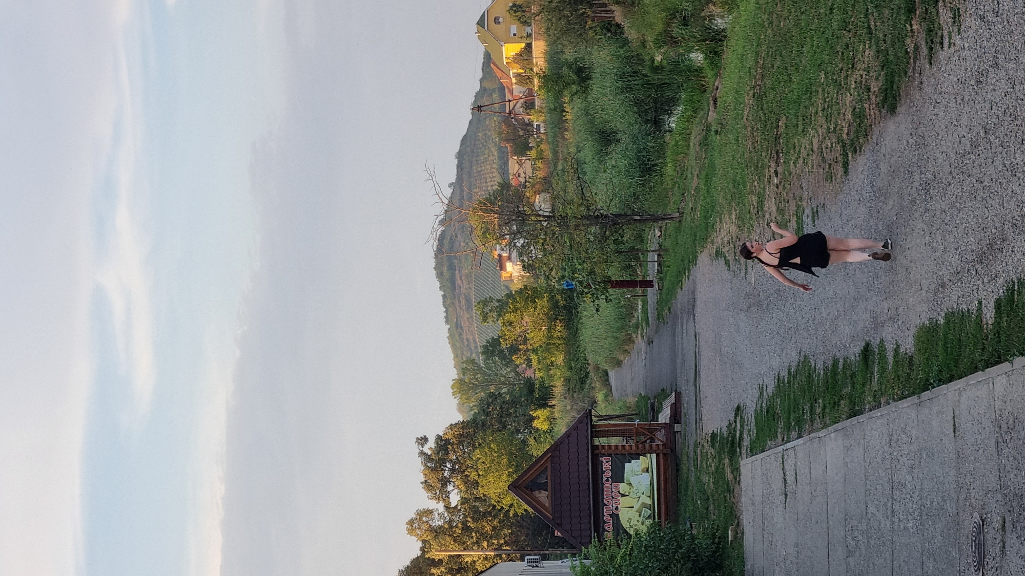 The image depicts a scenic outdoor environment in Berehove, Ukraine, likely during late afternoon or early evening due to the soft, warm lighting. In the foreground, a young woman with dark hair, wearing a black romper, walks away from the camera down a gravel path. She is looking over her shoulder, with her right arm slightly raised. To the left of the path, a small wooden structure with a dark roof, resembling a market stall or information booth, is visible. A sign on this structure, in Ukrainian Cyrillic, reads "КАРПАТСЬКІ СИРИ" (Carpathian Cheeses) and displays images of cheese. Further along the path, lush green vegetation lines the right side, with a small body of water faintly visible within it. In the background, a rolling hill covered in vineyards and scattered houses, some with yellow roofs, dominates the horizon. Tall trees and more foliage are interspersed throughout the landscape, contributing to a rural or semi-rural atmosphere. The sky above is a pale blue with wispy clouds.