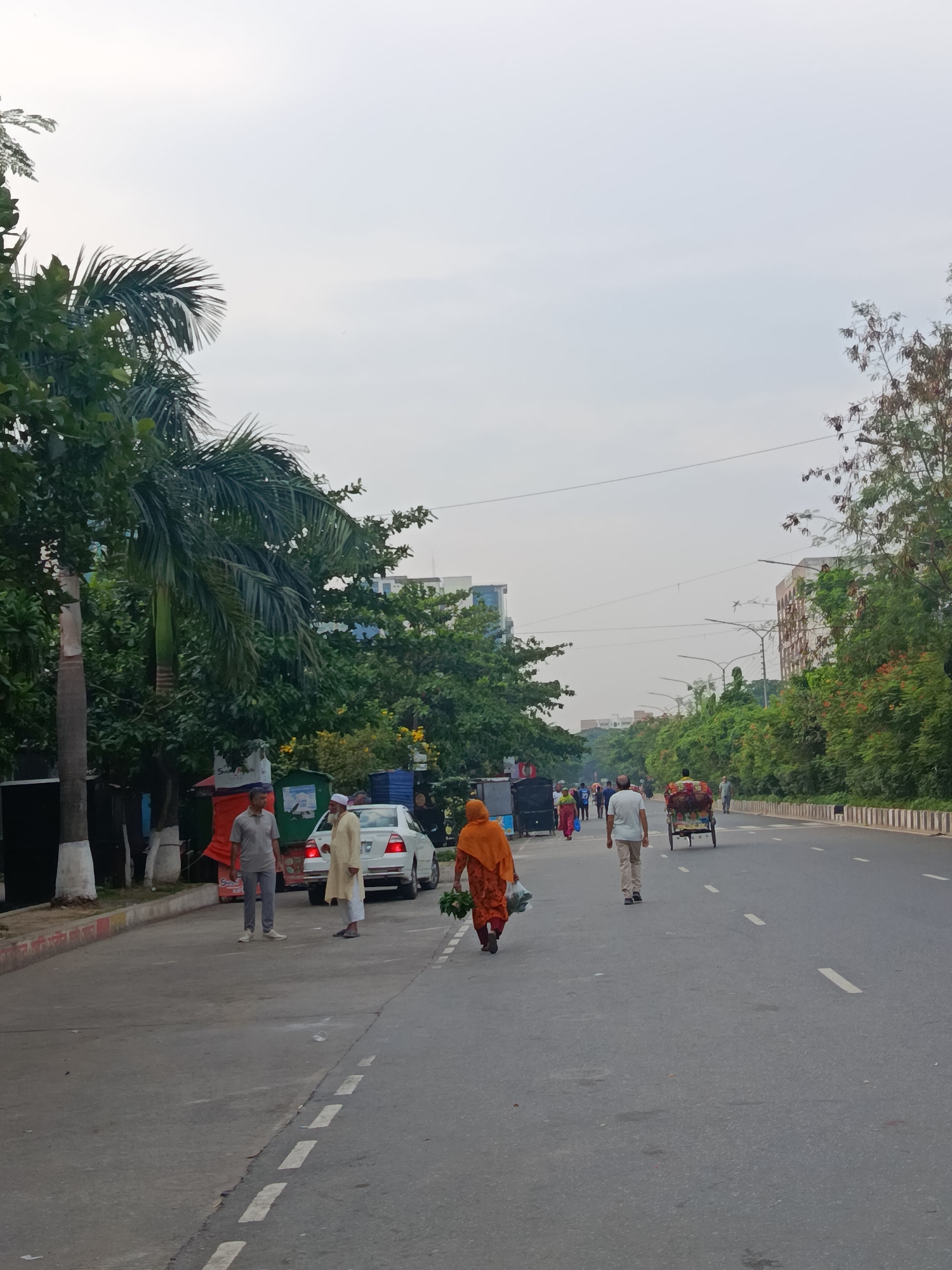 The photograph depicts a street scene in Dhaka, Bangladesh. The sky is overcast. A wide road stretches into the distance with sparse traffic. A row of trees lines the left side of the road, while buildings can be seen in the background.
Several people are present: one man stands near a car, another man wearing a white thobe is standing next to the car, a woman in an orange garment walks away from the camera carrying something, and other individuals can be seen walking further down the road. A man is pulling a cart loaded with goods.
The road has white lane markings. Vegetation is visible along the roadside and in the distance. A white car is parked near the roadside, and there is a structure with advertisement along the road.