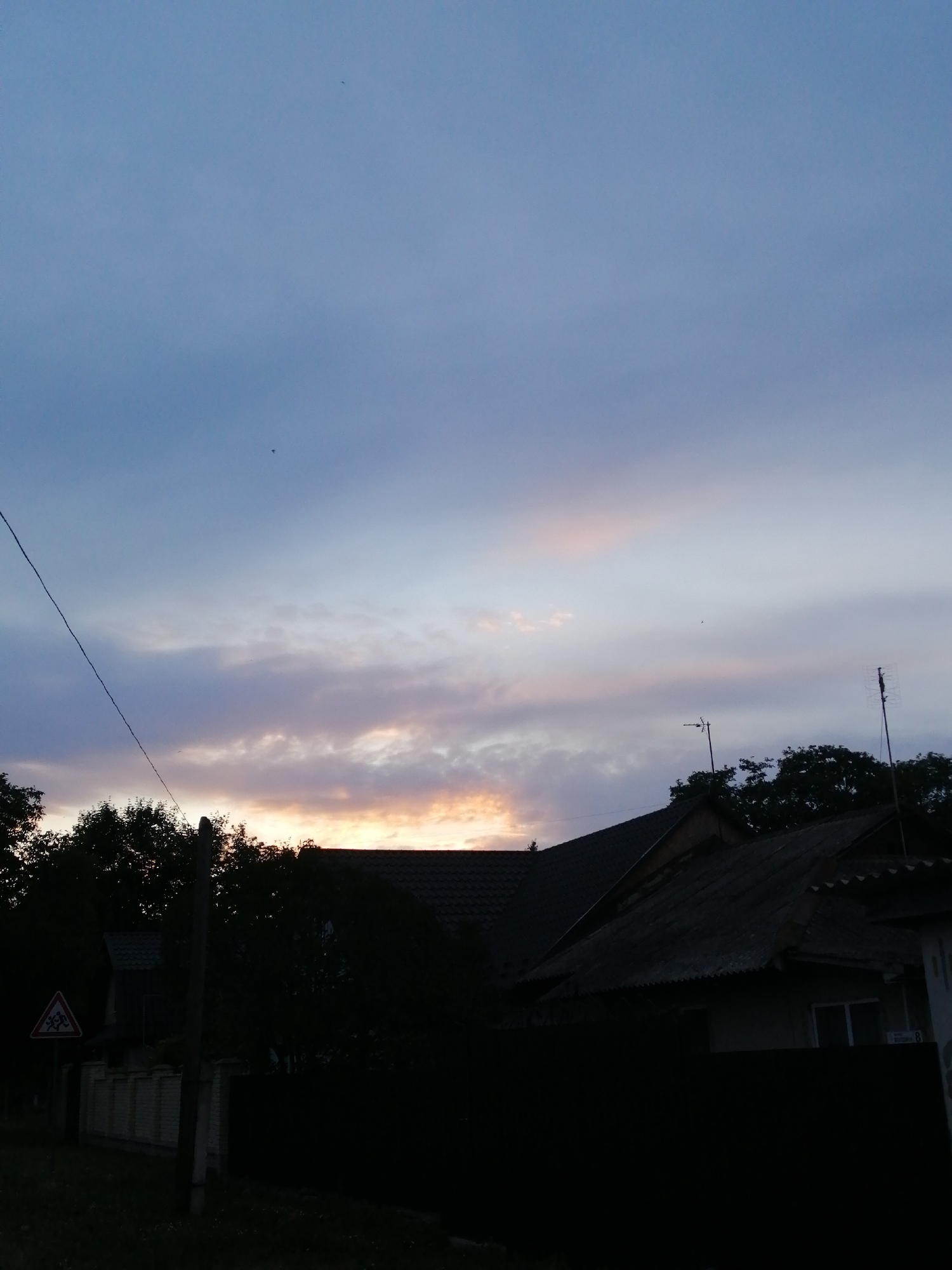 The image depicts a twilight scene in the city of Lanivtsi, Ukraine, characterized by a dusky sky with wisps of clouds tinged with pink and orange hues. Silhouetted against the fading light are the rooftops of houses, the dark masses of trees, and utility poles. A prominent power line stretches diagonally across the frame. In the lower left, a triangular traffic sign with children depicted on it is visible near a fence. The overall impression is that of a quiet, residential area at the end of the day.