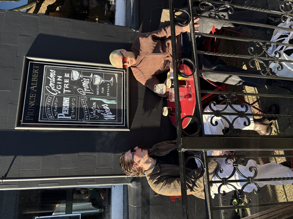 Two males are seated at a red outdoor table on a sunny day in front of a dark-colored pub named "Prince Albert" in London, United Kingdom.
The individual on the left has medium brown wavy hair, wears dark sunglasses, a brown plaid-patterned jacket over a dark top, white trousers, and dark brown boots. He is seated on a red chair, looking right. The individual on the right has very short, bleached blonde hair, wears reddish-brown tinted rectangular sunglasses, a reddish-brown zip-up jacket, and dark trousers. He is seated on a red chair, facing forward, with his tongue slightly extended.
On the red table between them are two glasses of dark liquid, one with a foamy head, one clear glass with red liquid, one empty clear glass, and a small yellow tin. Behind them, affixed to the dark wall, is a large chalkboard sign with "PRINCE ALBERT" at the top. The sign lists "GLUTEN-FREE", "Peroni", "Extensive Selection of Wines", "Gordons GIN & TREE", and "Promo's WATCH FOR DETAILS" with glass illustrations. Strong sunlight casts distinct shadows. A black wrought-iron railing with decorative elements is in the foreground. Reflections in the pub windows show trees and indistinct figures. A white bag is visible on the ground beneath the table on the right.