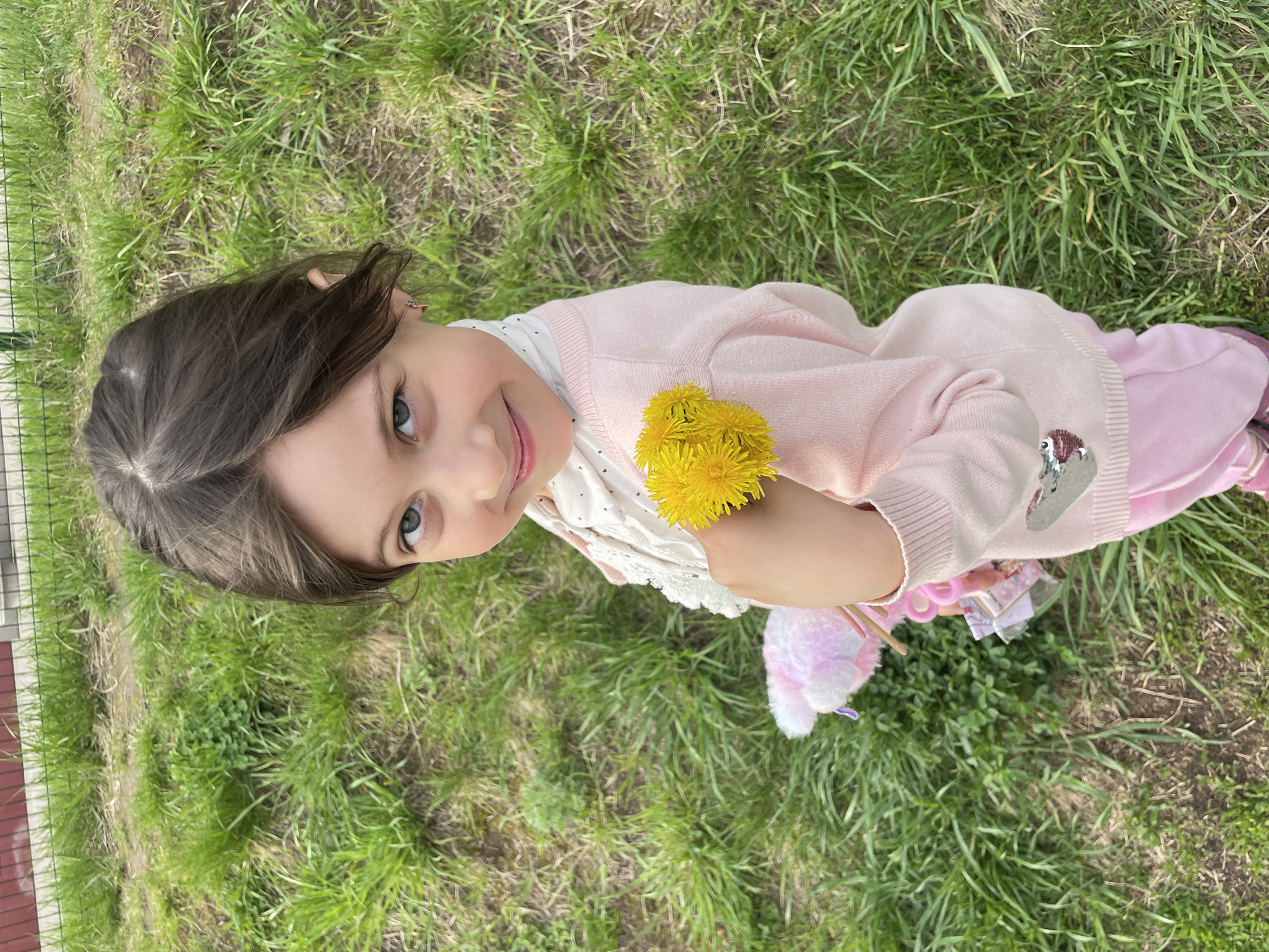 A young girl with brown hair and blue eyes stands in a grassy area, likely in a park or yard. She wears a light pink sweater and white undershirt. She is holding a bouquet of yellow dandelions in her hand. The location is possibly in Izhevsk, Russia, based on the background, although no landmarks are visible. The scene appears to be taken during the day in natural lighting.