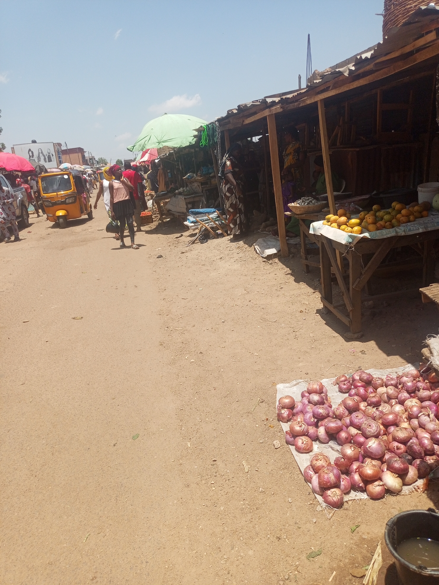 The image depicts a bustling market scene in Sabon Tasha, Nigeria, on a sunny day. A dirt road serves as the market's main thoroughfare. On the right side of the road, a vendor displays a large pile of red onions on a white cloth. Next to the onions is a black bucket. Further down the road, under a corrugated metal awning supported by wooden posts, is another stall with oranges and mangoes on a table. People are walking along the road amidst the market activity. In the background, a yellow three-wheeled vehicle navigates through the crowd, alongside other vehicles and pedestrians. Various umbrellas and vendor stalls line the street, indicating a busy commercial environment.