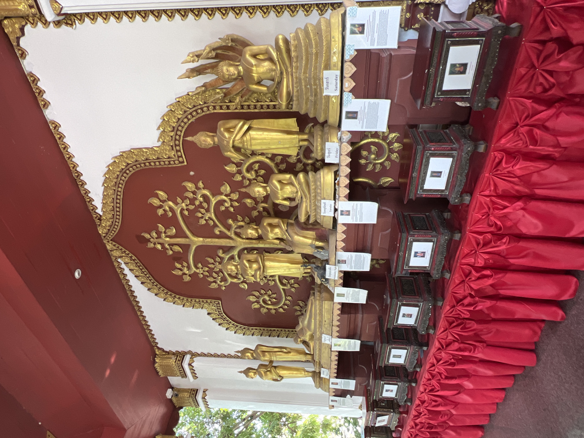 The image shows a row of golden Buddha statues displayed on a red draped table in front of a red and gold ornate wall. The statues vary in pose and size, with some standing and others seated. The wall behind the statues features a golden tree motif and decorative gold embellishments. Below the statues, there are several small wooden boxes with decorative carvings, each with a white label featuring a picture and text. The table is covered with a red draped fabric. The environment appears to be indoors, possibly a temple or a religious site, with a portion of a tree visible through a window or opening on the left side of the image. The scene is well-lit, likely by natural light. The overall impression is one of reverence and religious art.