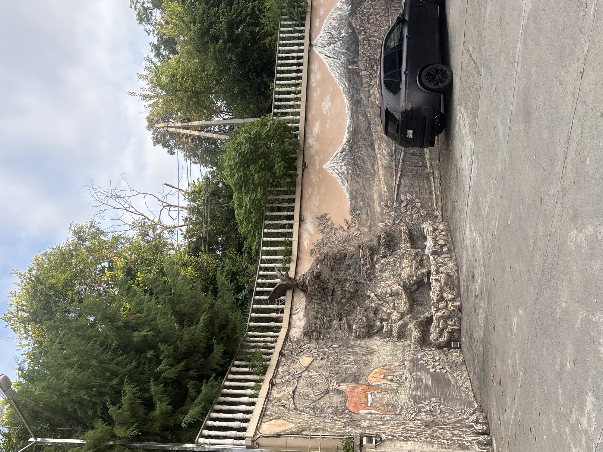 In Sochi, Russia, a dark grey BMW X5 is parked on a paved surface in front of a decorative wall. The wall features a mural depicting a waterfall with an eagle perched on top, as well as a scene with deer in a forest setting and snow-capped mountains in the background. The wall is topped with a white balustrade. Lush green trees and a utility pole are visible behind the wall. The sky is overcast with some blue patches.