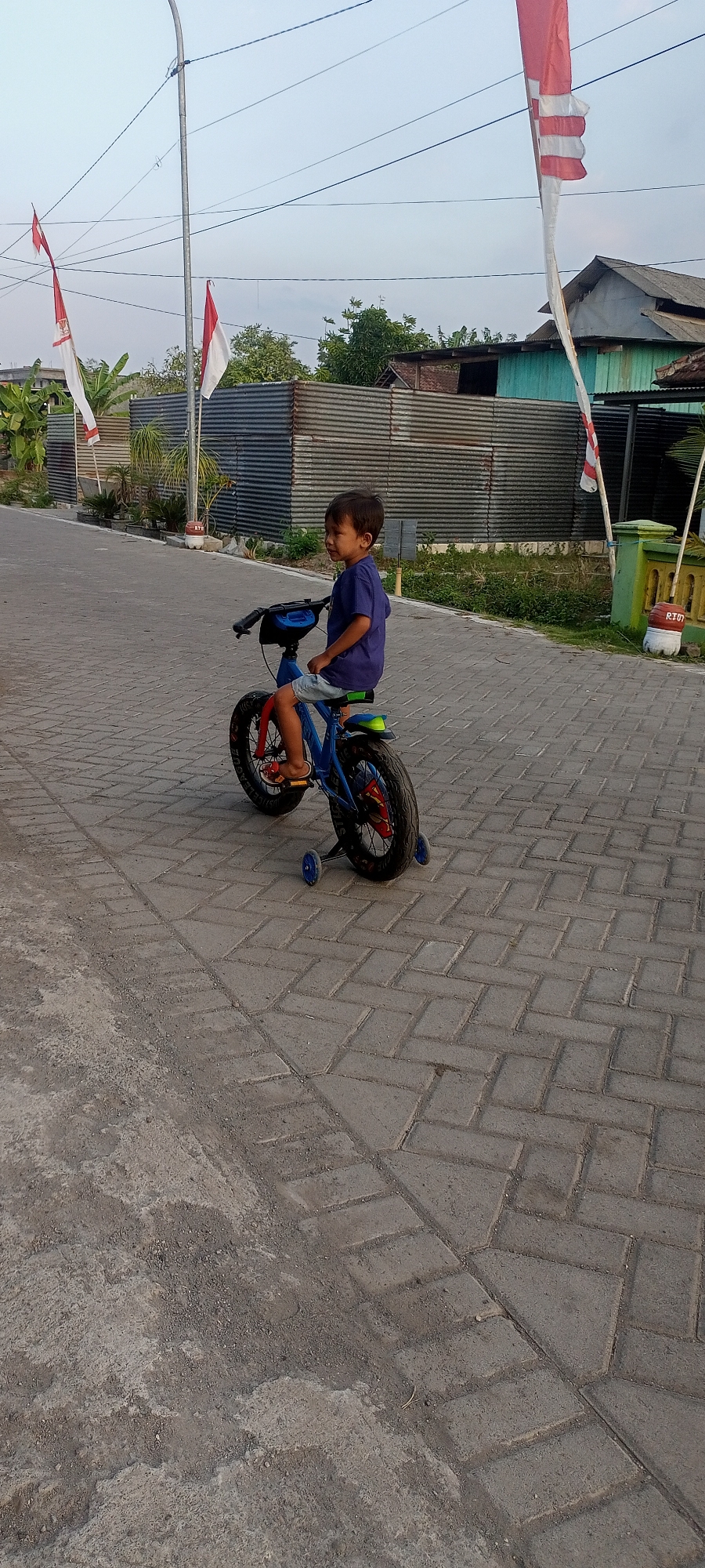 In Gempolklutuk, Indonesia, a young boy is pictured riding a blue bicycle with training wheels on a paved walkway. The boy, wearing a purple t-shirt and light-colored shorts, is looking to his right. The walkway is made of gray interlocking brick pavers. In the background, there is a corrugated metal fence, some vegetation including banana trees, and buildings with teal and wooden exteriors. Indonesian flags are visible on flagpoles in the background. Overhead, power lines crisscross the sky, and the sky is a pale blue.