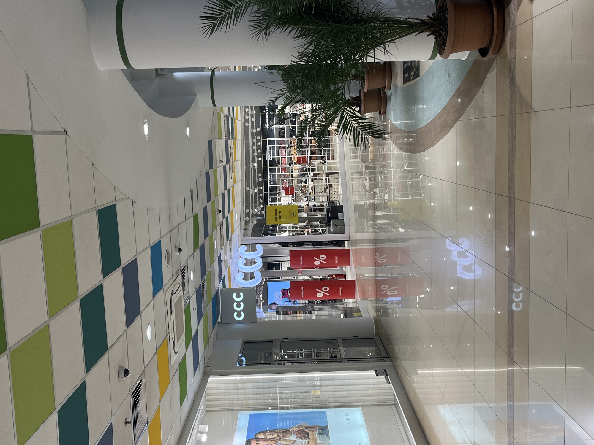 The image depicts the interior of a shopping mall in Veliko Tarnovo, Bulgaria. The scene is brightly lit, with a polished tiled floor reflecting the overhead lights and the colorful ceiling panels. The ceiling features a checkered pattern of green, blue, yellow, and white tiles.
In the foreground, a curved walkway with a light blue and beige inlay leads into the mall. Potted palm trees are strategically placed along the right side of the walkway.
Dominating the middle ground is the storefront of a retail establishment identified by illuminated "CCC" logos. Two large red cylindrical displays with "%" symbols are positioned outside the store, suggesting a sale or discount event. Behind the displays and through the glass entrance, shelves stocked with merchandise, primarily bags and shoes, are visible. A yellow banner with Cyrillic text, "СПЕЦИАЛНА ОФЕРТА" (Special Offer), hangs within the store.
To the left of the CCC store, another storefront is visible with a large advertisement featuring a man and a woman. The text "TERRANOVA" is partially visible on this advertisement.
Several security cameras are mounted on the ceiling. The overall environment suggests a commercial, public space. No people are clearly visible within the immediate scene, though reflections and shadows hint at their presence in other parts of the mall.