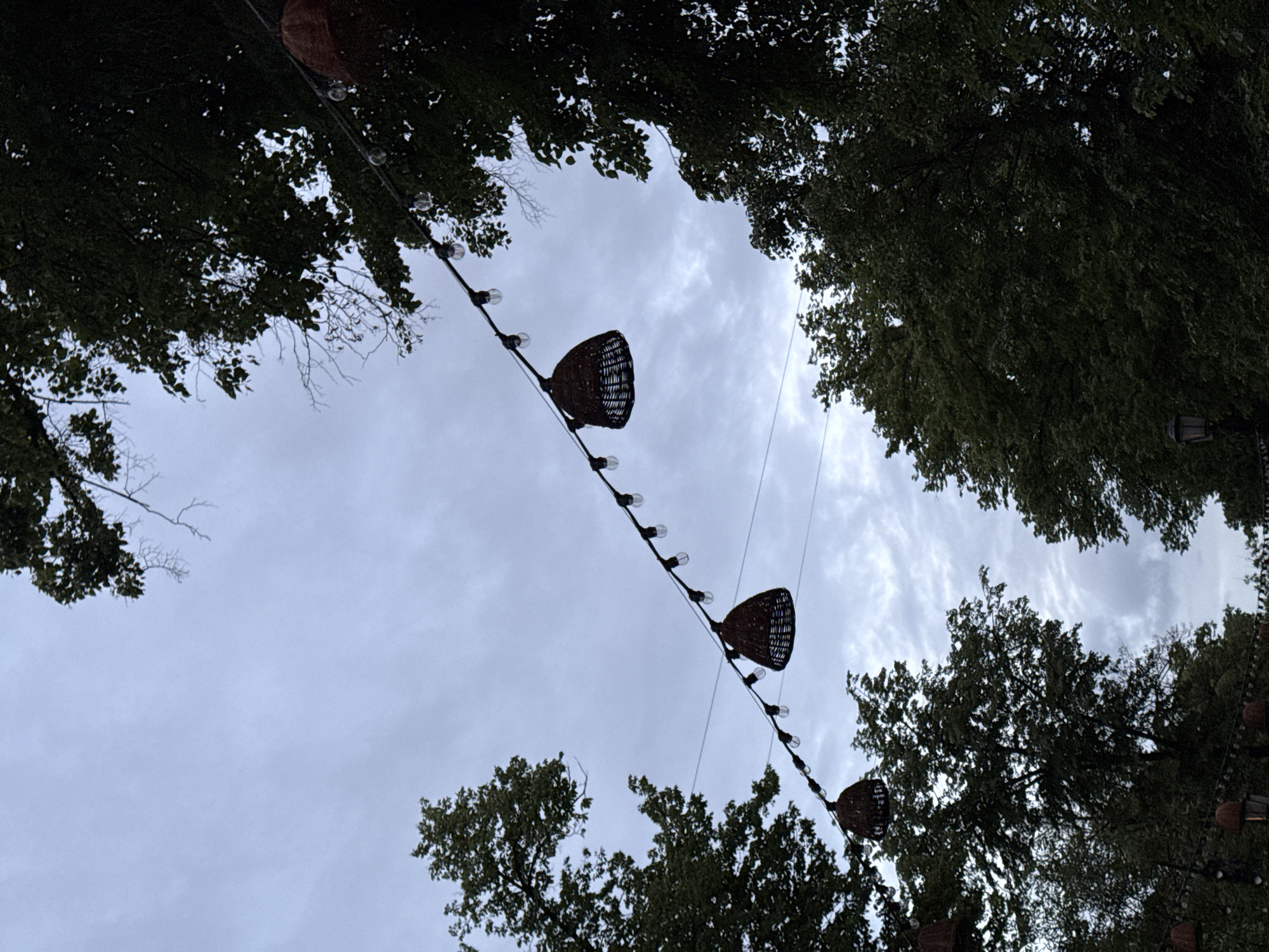 The image, taken from below at an angle, shows a string of lights interspersed with woven basket-like objects strung across a space between trees. The sky is overcast. The location is possibly in a park or outdoor area in Moscow, Russia, given the lighting style and vegetation common to public spaces in that city.