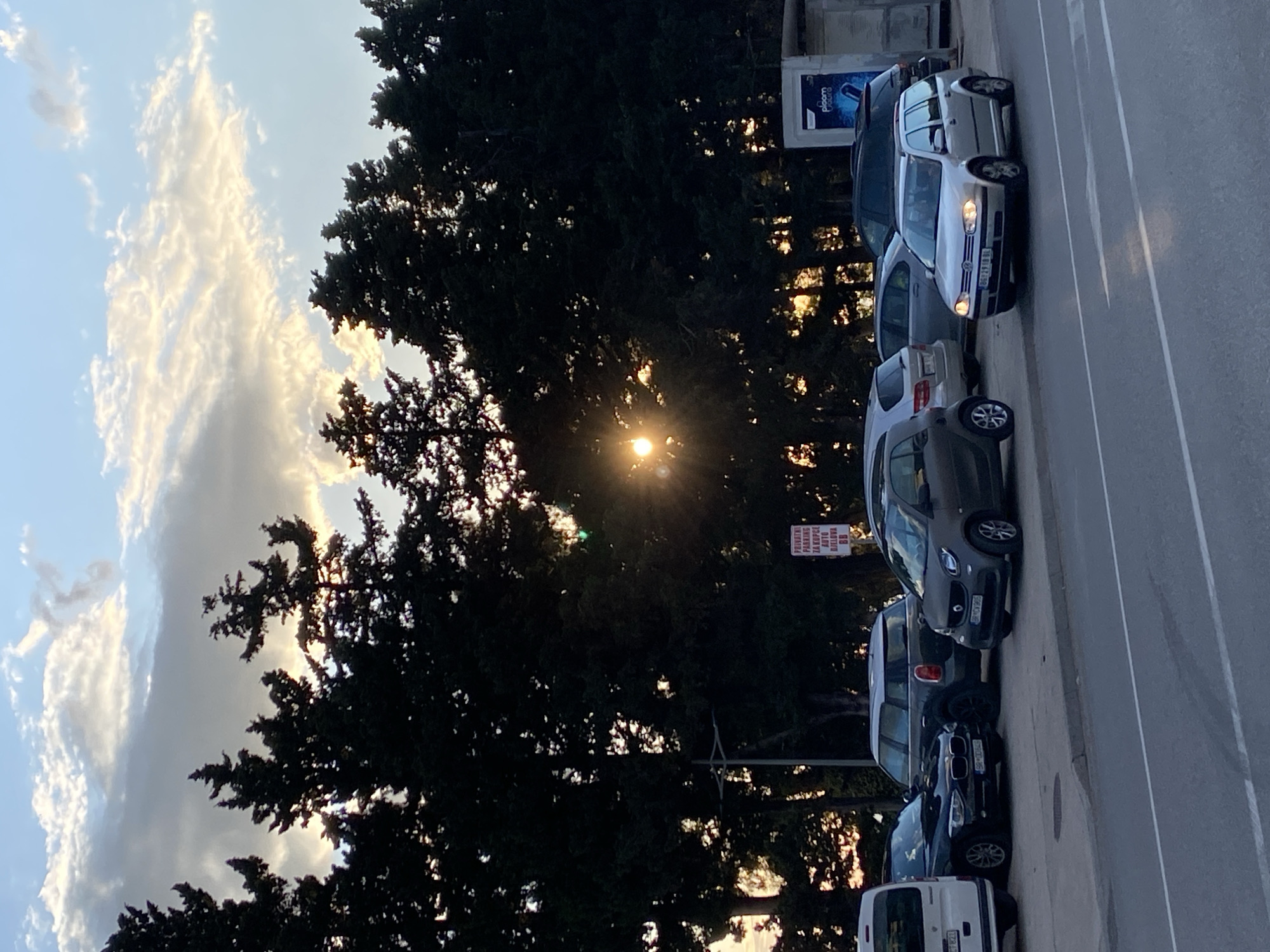 The image captures a street scene during the golden hour, likely sunset, in Bar, Montenegro. The sun, low on the horizon, shines brightly through the branches of a dense line of dark evergreen trees that create a silhouette against the sky. This strong backlighting produces a noticeable sunburst effect and lens flares.
On the right side of the frame, several vehicles are parked along an asphalt road with a painted white line. From foreground to background, the visible vehicles include a white van or minivan with the Montenegrin license plate "BD 923-J", a dark colored BMW, a dark grey Smart car with the Montenegrin license plate "PG 126 AB", and a silver Volkswagen Golf with its headlights on, displaying the license plate "269 T 598".
The sky above is a light blue, interspersed with elongated white clouds that are illuminated by the low sun.
Behind the parked cars and partially obscured by the trees, there is a vertical street sign with red and white text. The visible text, in Latin script, reads "PRIVATNI PARKING", "ZAKUPCI", "AUTO", "DIJELOVA", and "BB". This translates to "Private Parking", "Tenants/Lessees", "Car", "Parts", and "BB". Further down the street, a blue and white billboard is partially visible, displaying the words "ploom" and "Global".
There are no people visible in the image. The scene portrays a tranquil moment of parked vehicles alongside a tree-lined street under a striking sky.