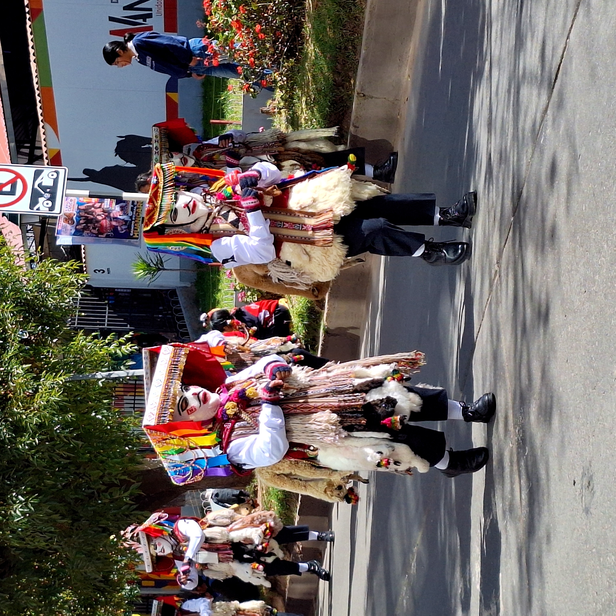 Two individuals in traditional Wanchaq, Peru festival attire, characterized by large, elaborate masks and colorful, layered clothing adorned with fur and tassels, are walking in a procession on a paved street. The masks feature white faces with painted black mustaches and eyes, and are topped with ornate, multi-colored headdresses. Their outfits include white shirts, decorative vests, and dark pants tucked into black boots. They are accompanied by other figures partially visible in the background, and the scene is set against a backdrop of trees, a building with a mural, and a street. Red flowers and green grass are visible along the side of the street, and shadows from trees are cast across the pavement. A girl in a blue sweater and jeans stands observing the procession.