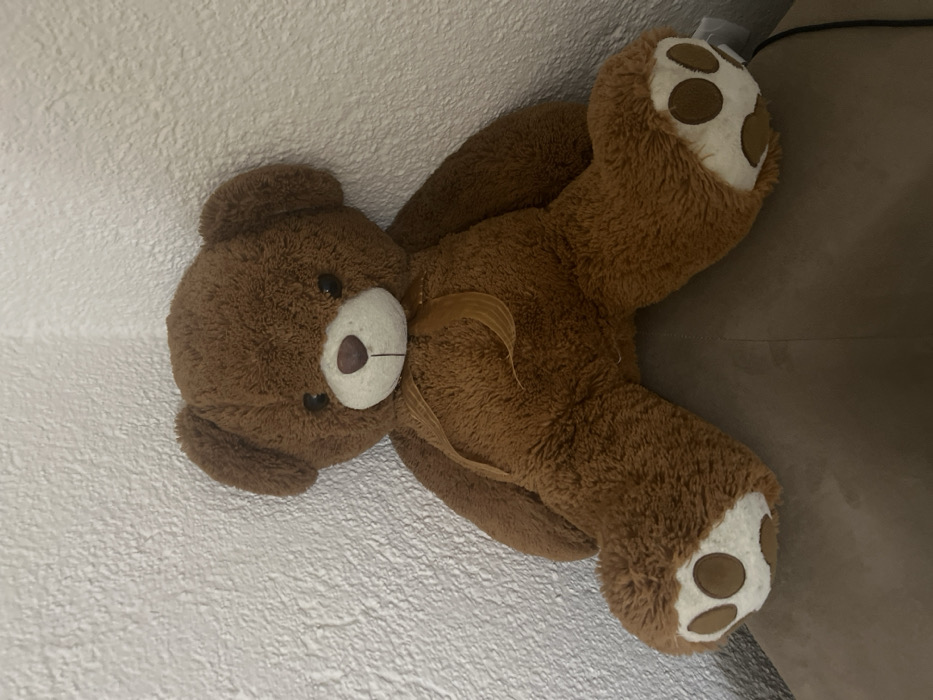 A medium-to-large brown plush teddy bear is depicted sitting upright in the corner of a room. The bear has dark, round eyes, a light beige muzzle with a visible seam line, and a dark brown oval nose. A golden-brown, semi-transparent ribbon is tied around its neck. Its four paws feature light beige pads, each with three circular dark brown accents. The bear rests against a textured, off-white wall that forms a corner and is seated on a dark brown, possibly upholstered, surface. The scene is located in Sedlartsi, Bulgaria.