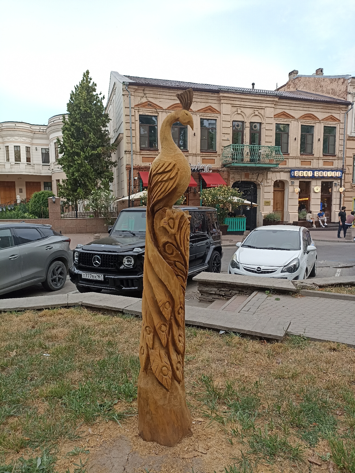 A carved wooden sculpture of a peacock stands prominently in the foreground, its intricately detailed feathers and body carved from a single log. The sculpture is positioned on a grassy area, which transitions to a paved sidewalk in the background. Behind the sculpture, a street is visible, lined with buildings and several parked cars. A black Mercedes-Benz G-Class SUV is parked to the left of the peacock, and a white Opel Corsa is parked to its right. The buildings appear to be in an older part of the city, with ornate architectural details and balconies. People are seen walking on the sidewalk and seated at outdoor cafe tables. A sign for "SURF COFFEE" is visible on one of the buildings. The overall scene depicts an urban environment with a blend of public art, modern vehicles, and historical architecture. This scene is likely located on Bolshaya Sadovaya Street in Rostov-on-Don, Russia, as indicated by the architectural style and the presence of a "SURF COFFEE" establishment, which is a known chain in the city.