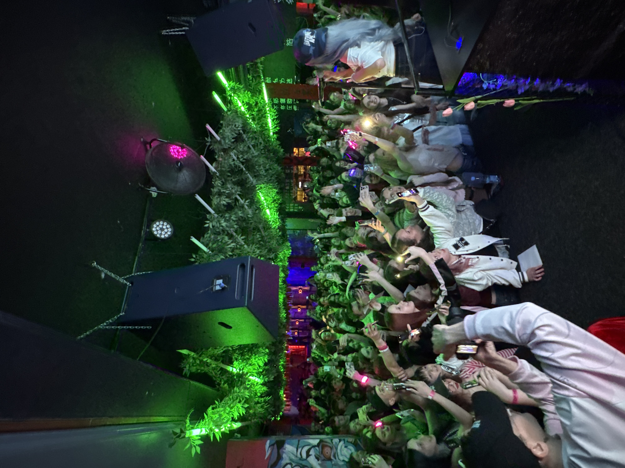 The image depicts a densely packed crowd of people, likely at a concert or event, indoors in Komsomolsk-on-Amur, Russia. The crowd is mostly facing towards a stage area that is decorated with greenery and green lights. Many individuals are holding up their mobile phones, apparently recording or photographing the performance. Speakers are suspended above the crowd. The lighting in the venue is varied, with green dominating the crowd and stage, and some purple and blue lights visible in the background. There appears to be a fan on the left of the image.