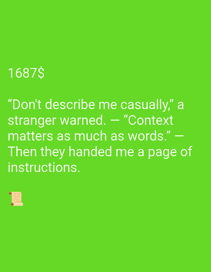 The image is a bright green background with white text and a small emoji in the bottom left corner. The text reads "1687$ "Don't describe me casually," a stranger warned. - "Context matters as much as words." - Then they handed me a page of instructions." The emoji is a scroll. There are no people or city elements visible in the image.