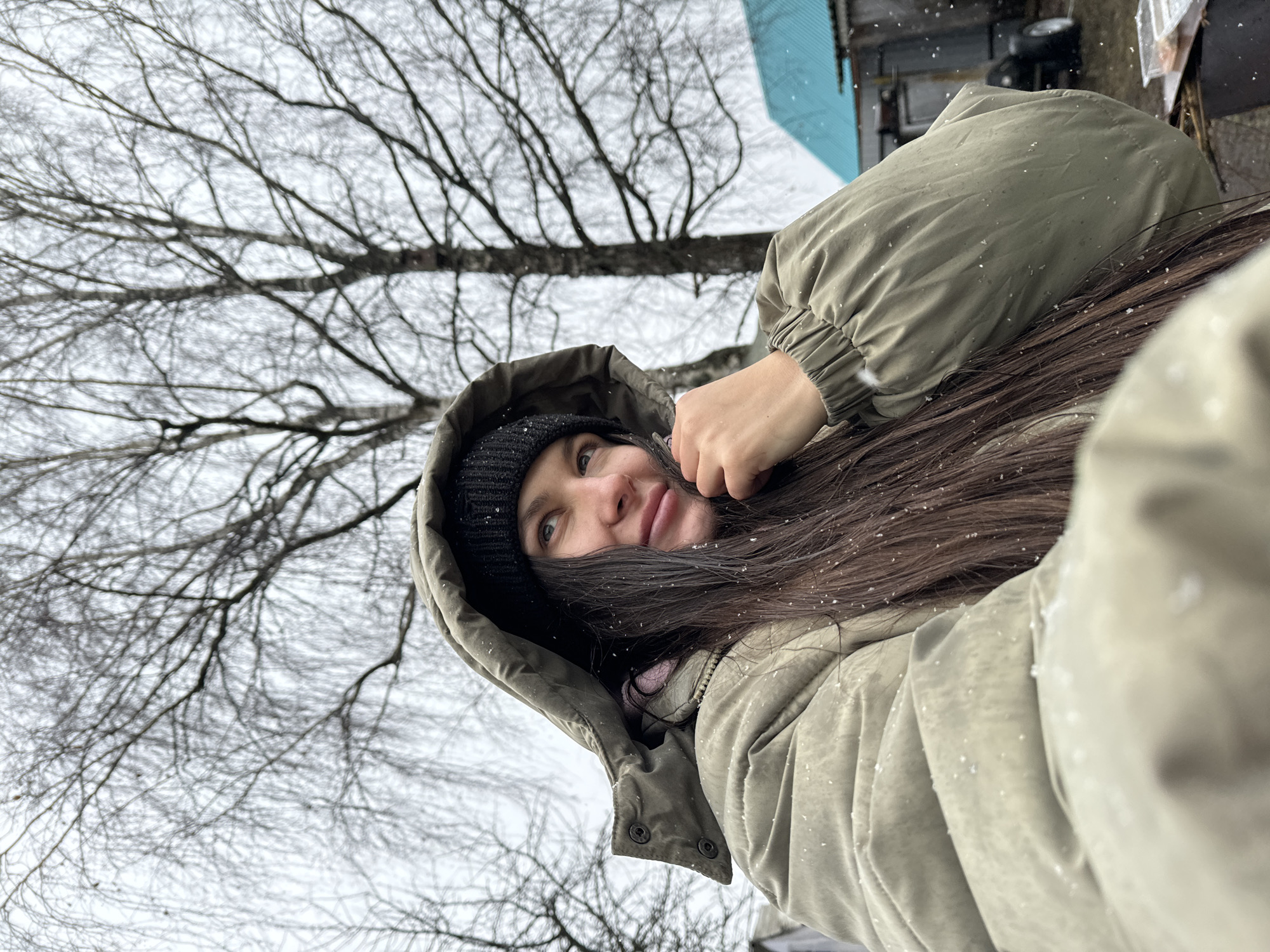 A young woman takes a selfie outdoors on a day when it is snowing lightly. She is wearing a black knit hat and an olive green hooded jacket. The hood is up and the woman's long, dark brown hair is falling across the jacket and her face. Some snowflakes are visible on her hair and jacket. In the background, there are bare tree branches against a grey, overcast sky. A blue roof is visible in the upper right corner. The location is in the city of Unknown, Unknown.