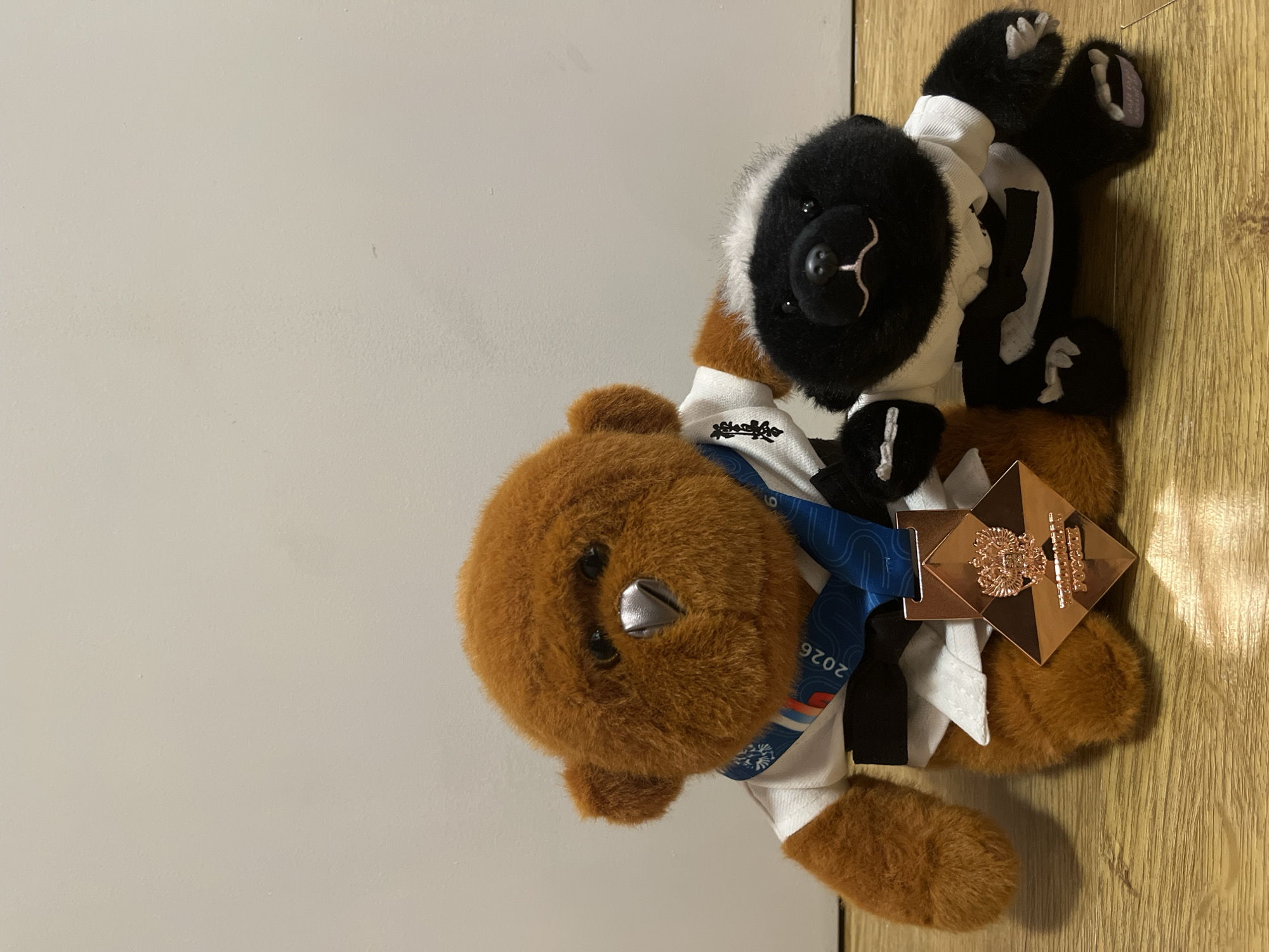 A teddy bear wearing a 2026 Olympic medal and shirt lies on a flat surface. The bear has brown fur on its head and torso, with a shiny silver nose. It is wearing a white shirt with writing and blue accents. A second teddy bear, seemingly attached, has black and white fur. The background consists of a light gray surface and a wooden-like surface. The image does not provide enough information to confirm the location in the city of Moscow, Russia.