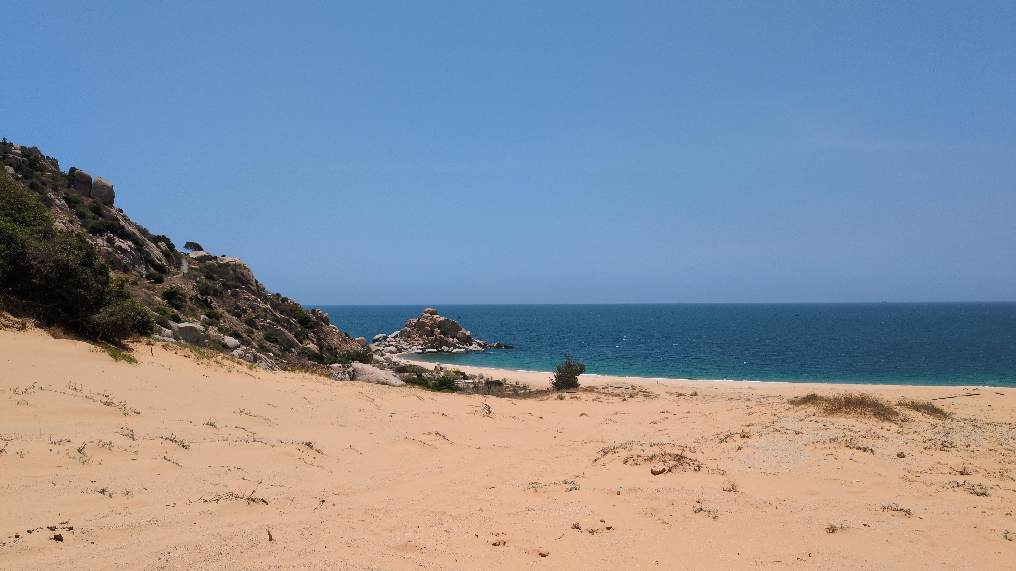 The image depicts a coastal landscape in Phuoc Dinh, Vietnam. The foreground is dominated by a sandy beach with sparse vegetation. A rocky hillside covered with vegetation rises on the left side of the image. In the midground, a rocky outcropping stands near the shoreline. The background consists of the ocean and a clear blue sky. The ocean stretches across the horizon, meeting the sky in the distance. There are no people visible in the image.