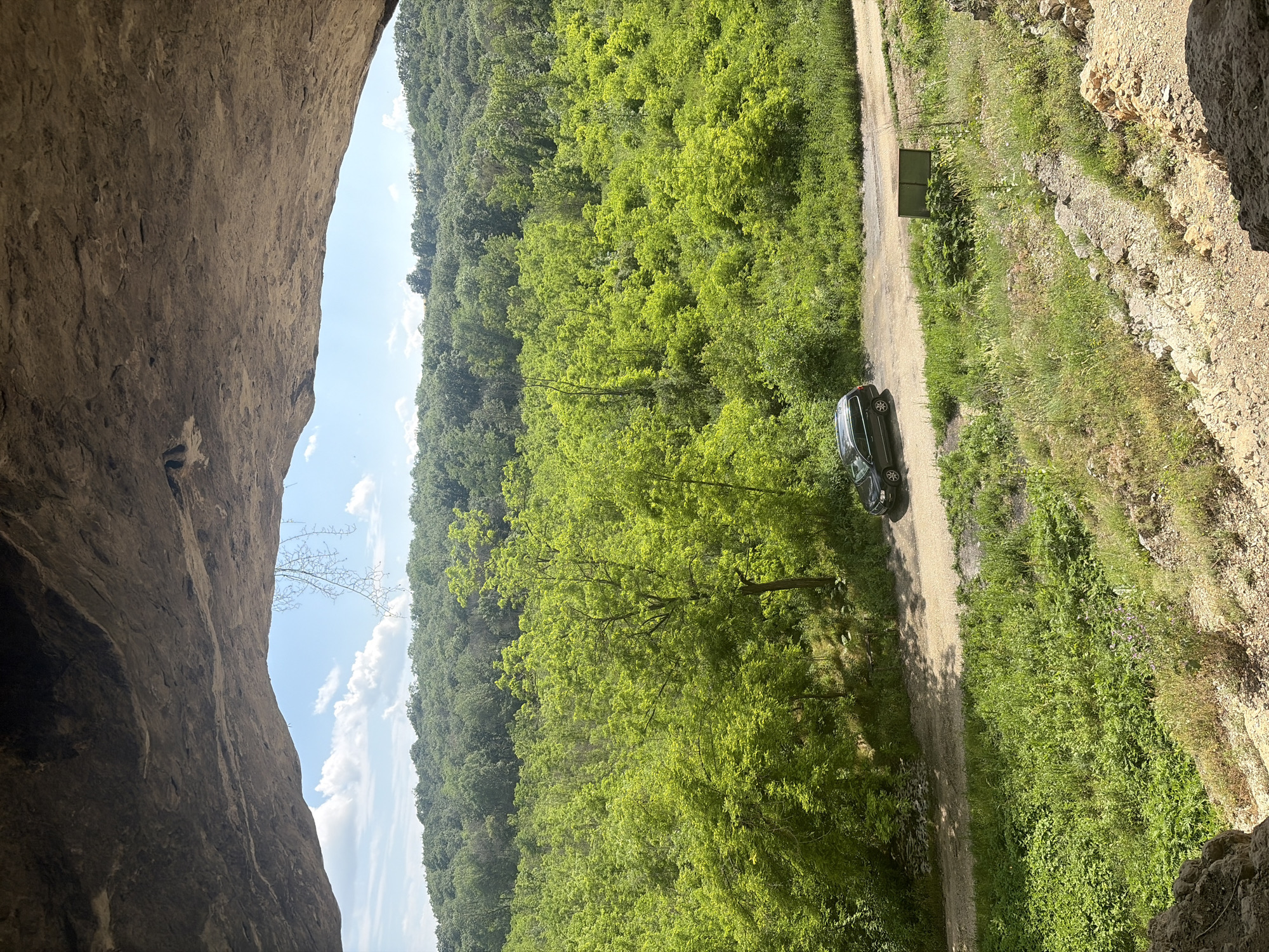 The image depicts an exterior view from inside a large cave or rock shelter, with the rough, natural rock ceiling and walls framing the top and sides of the scene. The sky, visible through the opening, is bright blue with scattered white cumulus clouds. A single, bare, thin tree branch hangs vertically from the center-top of the cave's opening.
Beyond the cave entrance, a vast landscape of lush green foliage and trees dominates the view. The trees in the midground exhibit a vibrant, light green hue, indicative of dense growth. Further in the background, a denser forest with darker green canopies extends to the horizon, forming rolling hills.
A light-colored, unpaved road traverses horizontally across the lower mid-section of the image. A dark-colored, possibly black or dark grey, station wagon or SUV is parked on the left side of this road, oriented towards the right. To the right of the road, a dark green, rectangular, low-lying structure, resembling a box or sign, is situated on a patch of sparse grass and dirt.
The immediate foreground, within the cave, consists of rough, rocky terrain with some sparse vegetation. No individuals are present in the scene. The location is Glavan, Bulgaria.