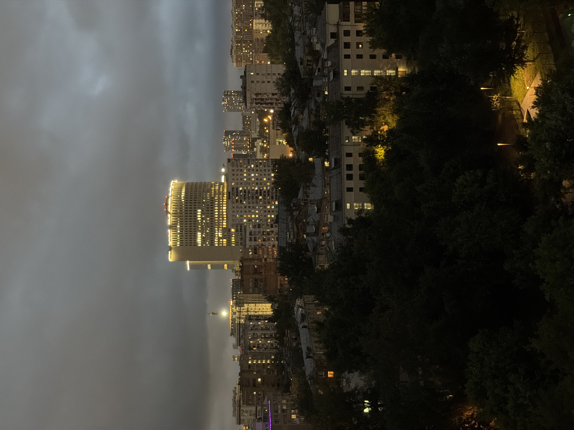 The image shows a nighttime cityscape in Moscow, Russia, characterized by a dramatic sky filled with dark, heavy clouds. In the background, a prominent, illuminated high-rise building stands out, its numerous windows glowing with warm light, suggesting it is a modern office building or residential complex. The surrounding urban environment is a dense collection of apartment buildings of varying heights, all displaying illuminated windows, indicating that residents are home or that the buildings are occupied. The foreground is dominated by a dense cluster of dark, shadowy trees, obscuring the lower levels of some buildings and creating a stark contrast with the illuminated city structures. A pathway with streetlights can be seen through the trees in the lower right portion of the image, casting pools of light on the ground and hinting at a park or residential area. The overall impression is of a vibrant city at night, partially veiled by a brooding sky.