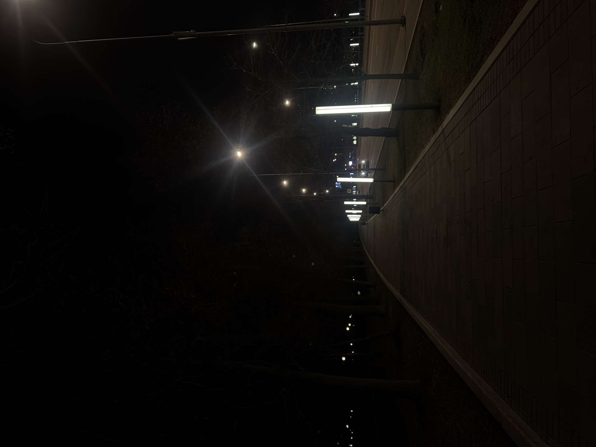 At night in Moscow, Russia, a paved walkway runs alongside a road, illuminated by evenly spaced streetlights. The walkway is constructed of square paving stones, with a raised border separating it from a grassy strip adjacent to the road. The road is visible on the far right of the frame. The left side of the image is dark, with trees silhouetted against the night sky. Dimly visible steps descend to a lower level, disappearing into the darkness. The scene is quiet and deserted.