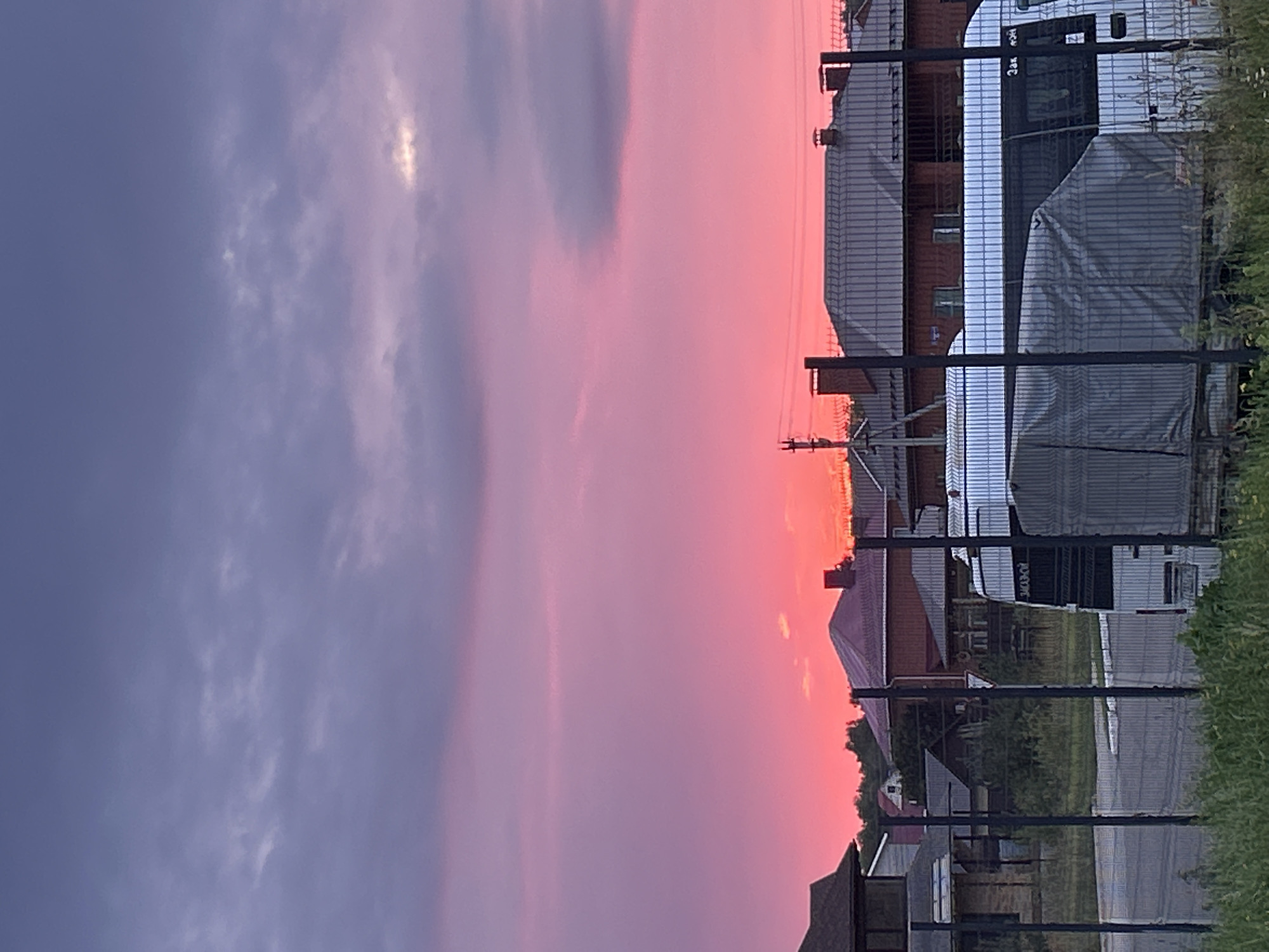This is a vertical, eye-level, medium shot of a suburban landscape at sunset in Noviy, Russia. The sky is dominated by vibrant hues of pink and purple, indicative of a sunset. A fence made of dark metal poles and wire mesh runs horizontally across the foreground, partially obscuring the view of the scene behind it.
Behind the fence, a row of houses with dark roofs and red brick or wood siding are visible. Some houses have visible chimneys. Green trees and foliage dot the landscape between the houses.
In the mid-ground, a white van is parked. The van's rear is covered with a grey tarp. The license plate is partially visible, reading "3403-09." The van is positioned on a paved area, possibly a driveway or parking lot.
In the background, more houses and trees can be seen, blending into the twilight. A utility pole with wires is also visible on the left side of the frame. The overall impression is a quiet, residential scene bathed in the warm glow of the setting sun.