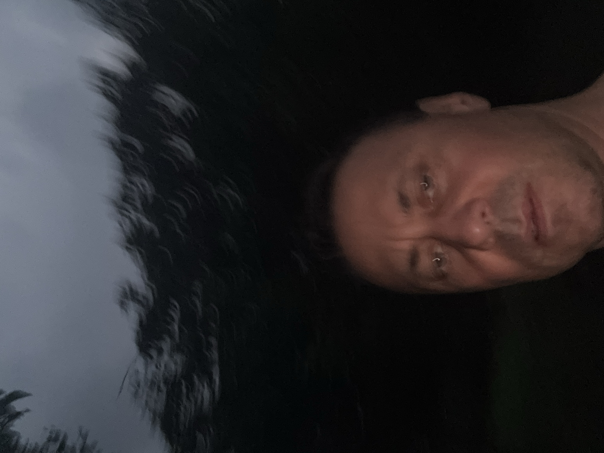 The image shows a close-up, blurry selfie of a man's face taken at night. The man appears to be outdoors, as indicated by the dark, out-of-focus foliage in the upper portion of the image. His face is illuminated by a light source, possibly from the camera, casting shadows and highlighting his features. The man's expression is neutral. The overall quality of the image is poor due to low light and motion blur. There is no indication of the specific location within the city of Tandzia, Georgia, or any contextual details to suggest the activity or purpose of the photograph.