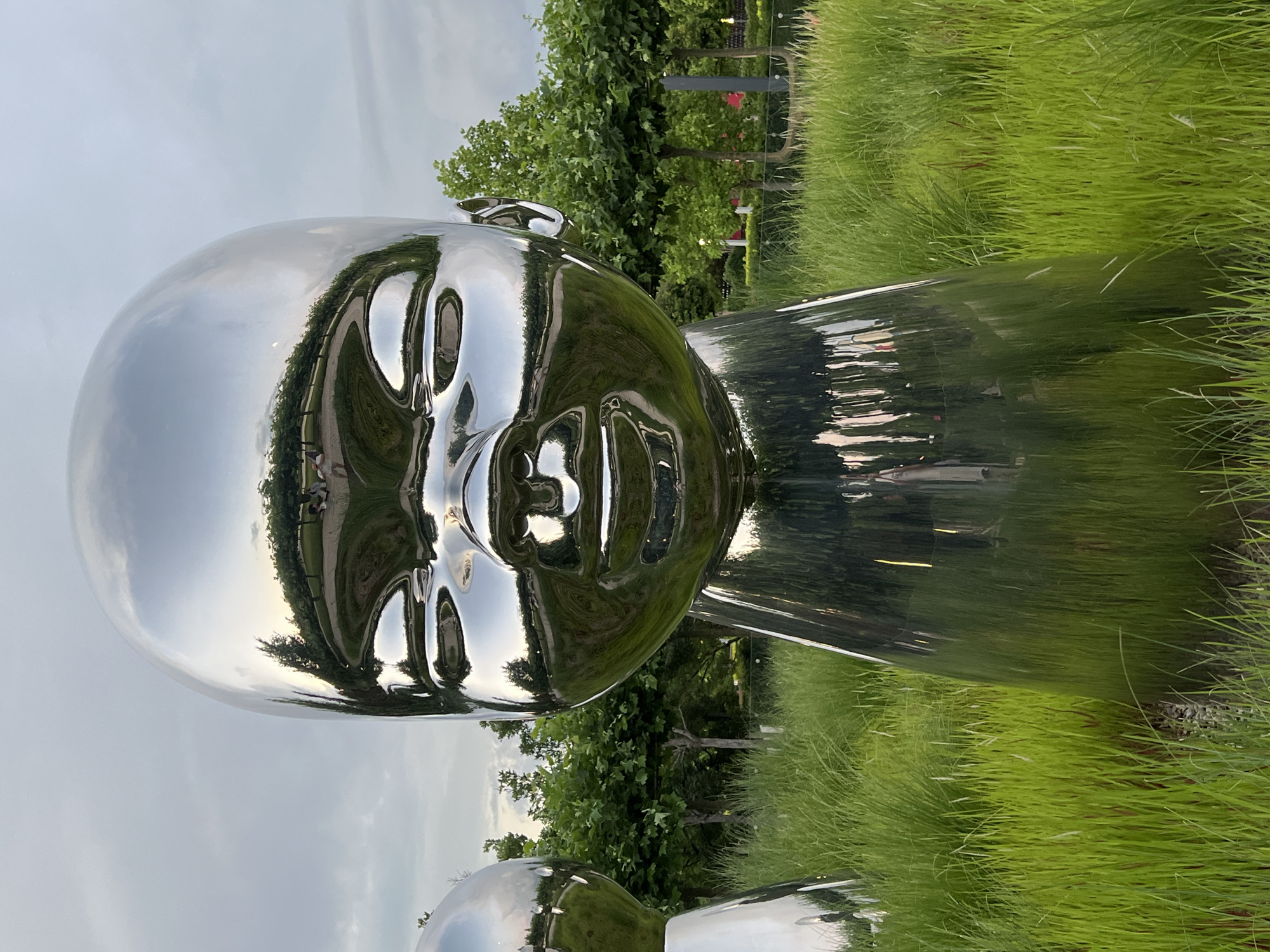 The image shows a large, highly reflective, chrome sculpture of a baby's head and upper body, situated outdoors in a grassy area with trees and a pathway visible in the background. The sculpture's surface reflects the surrounding environment, including the sky, trees, and some people walking. The sky is overcast, and the lighting suggests it is late afternoon or early evening. The sculpture is the primary subject, with its smooth, mirrored surface creating distorted reflections of the landscape. The location is the "Park of the Year of the Volunteer" in Krasnodar, Russia, known for its art installations.